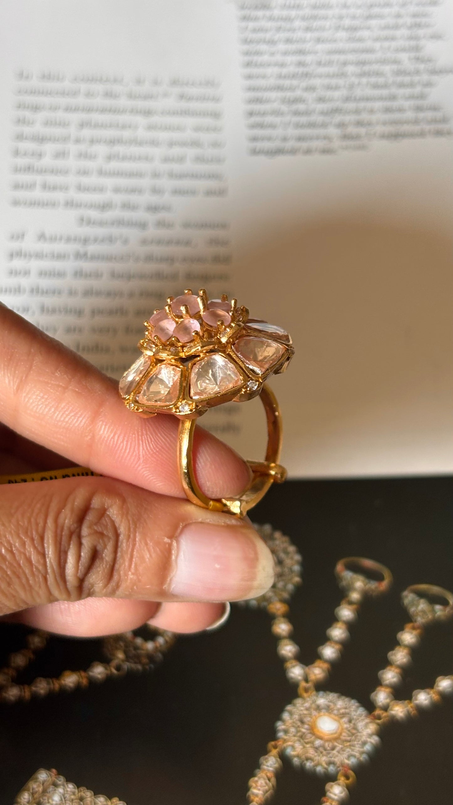 Rose quartz doublet stone polki Ring