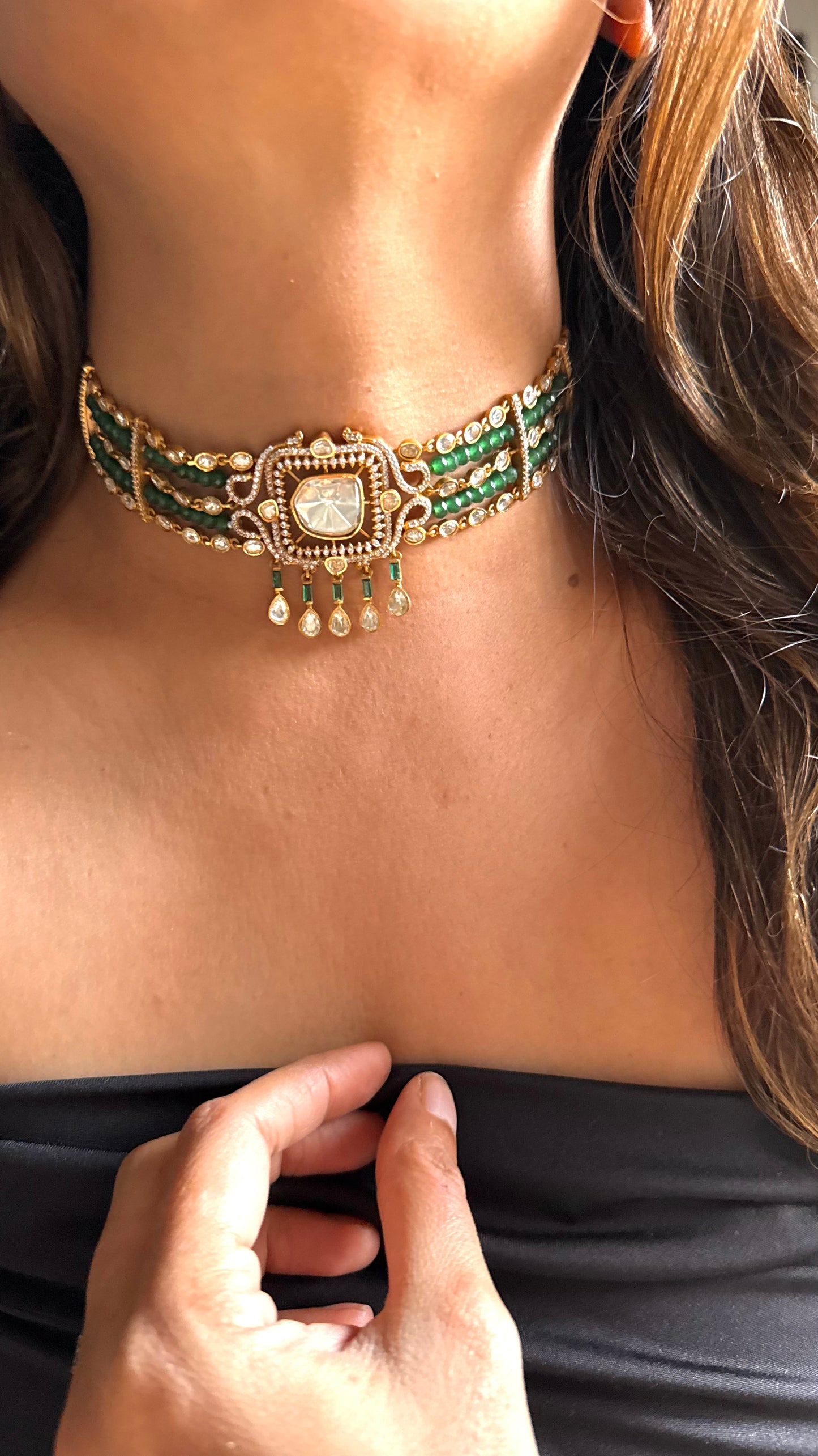 Emerald & Moissanite Uncut LV Polki choker