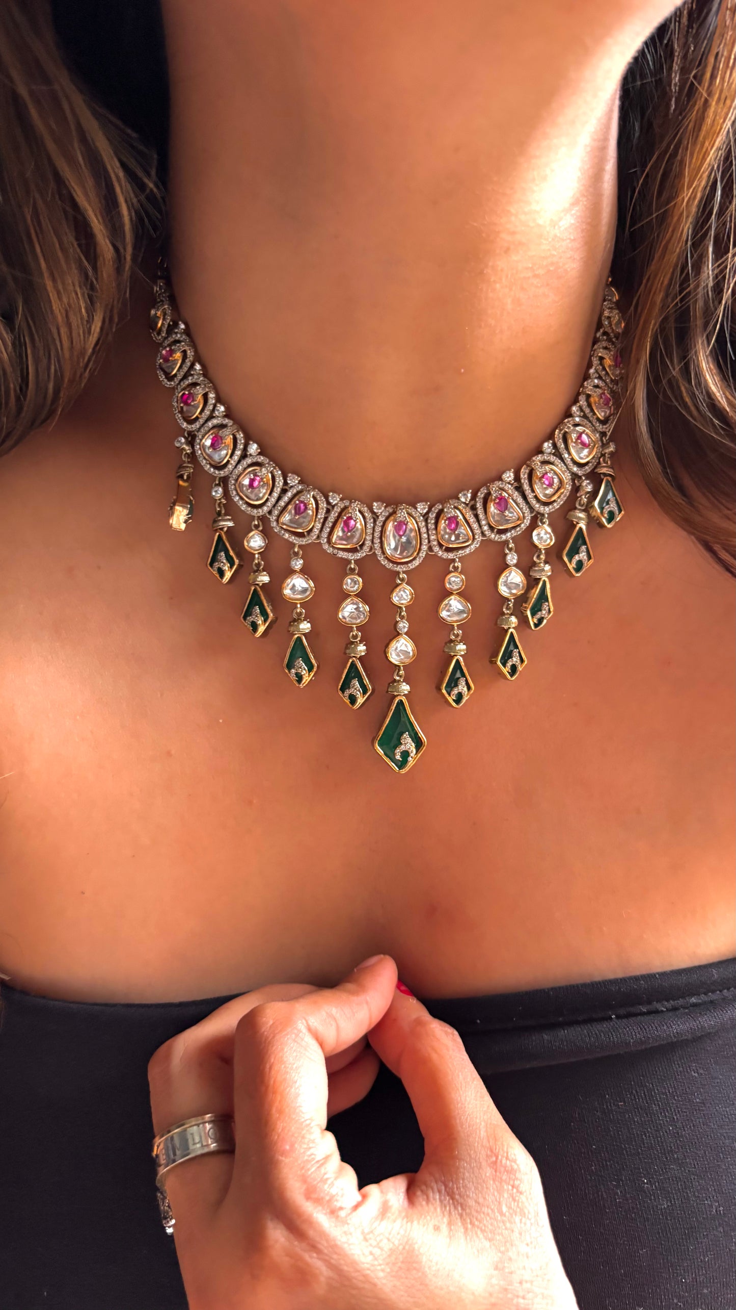 Victorian collar necklace with rani pink & emerald