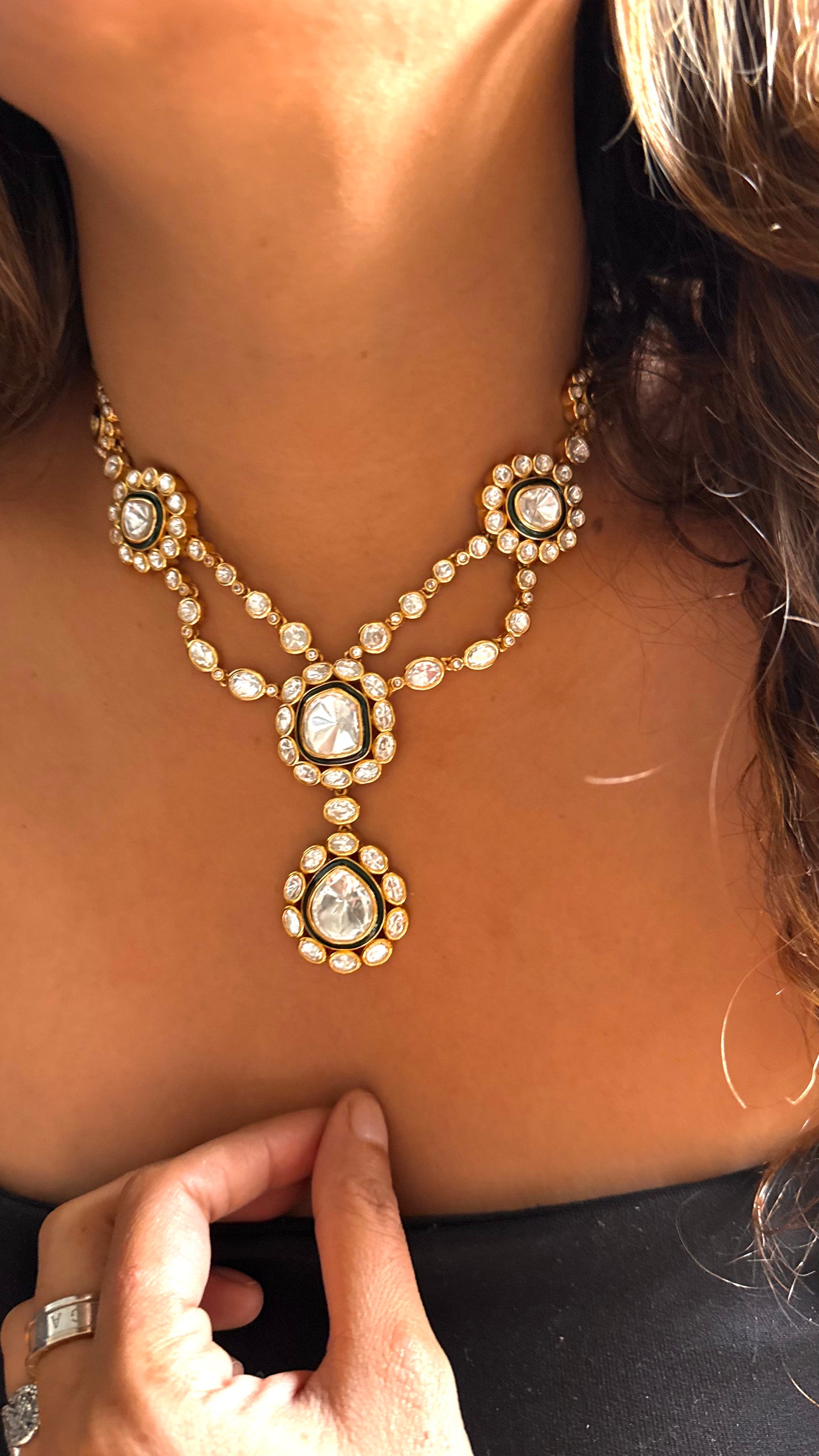 Emerald uncut polki meenakari designer dual line neckalce