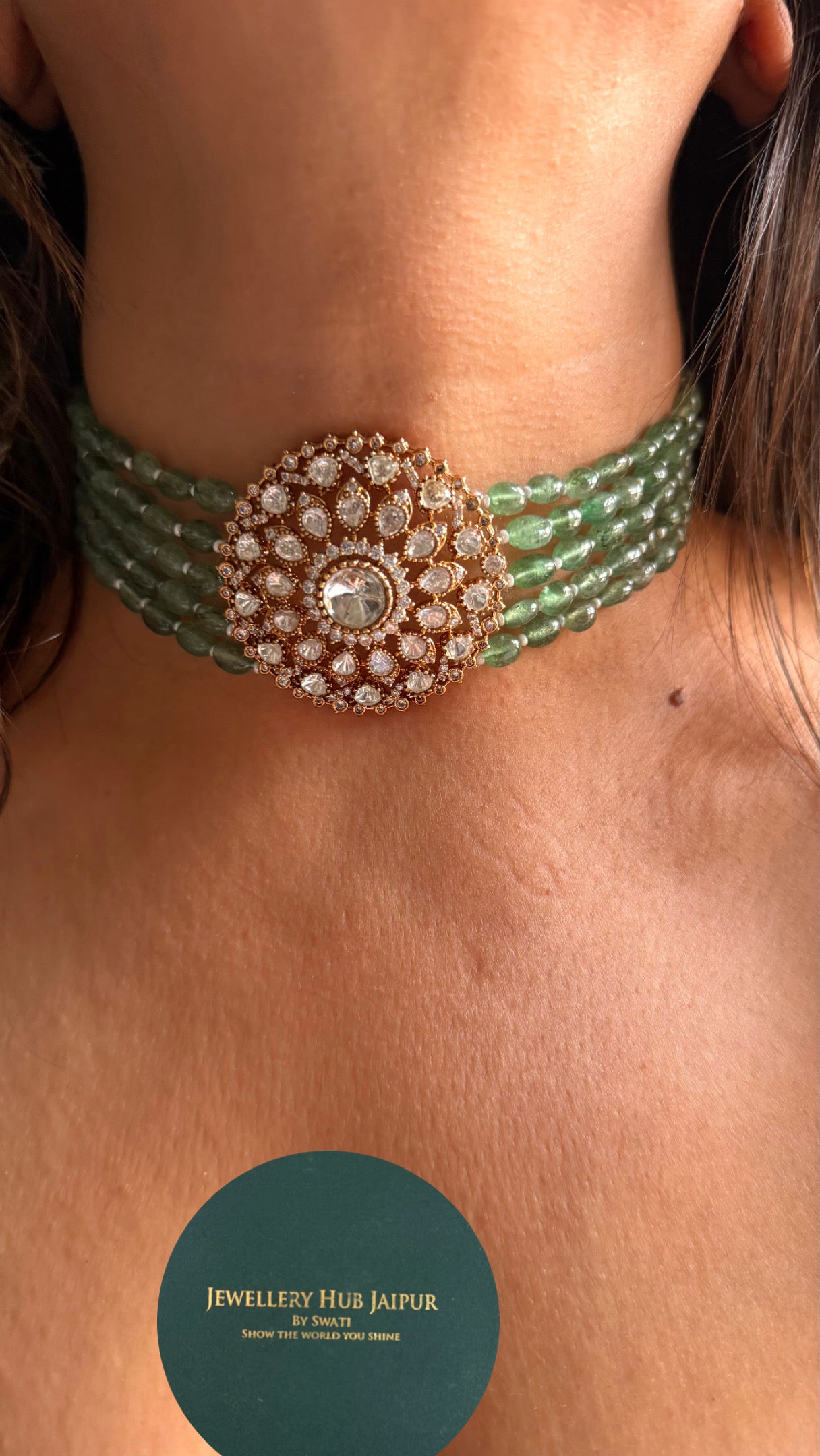 Mint  pearl detailing with Moissanite polki choker Necklace
