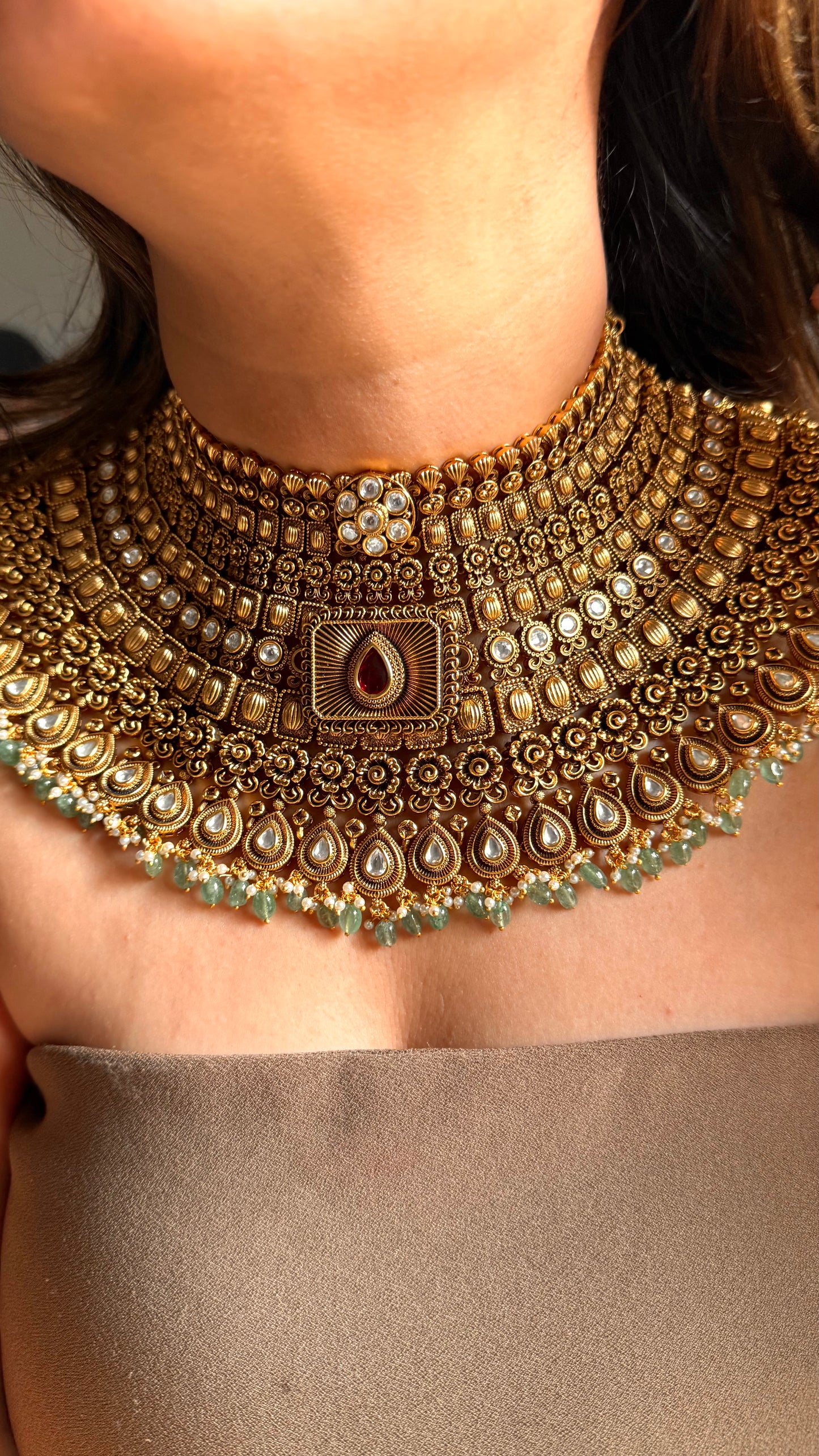 Gold Choker Necklace Mint Green Pearl Detailing