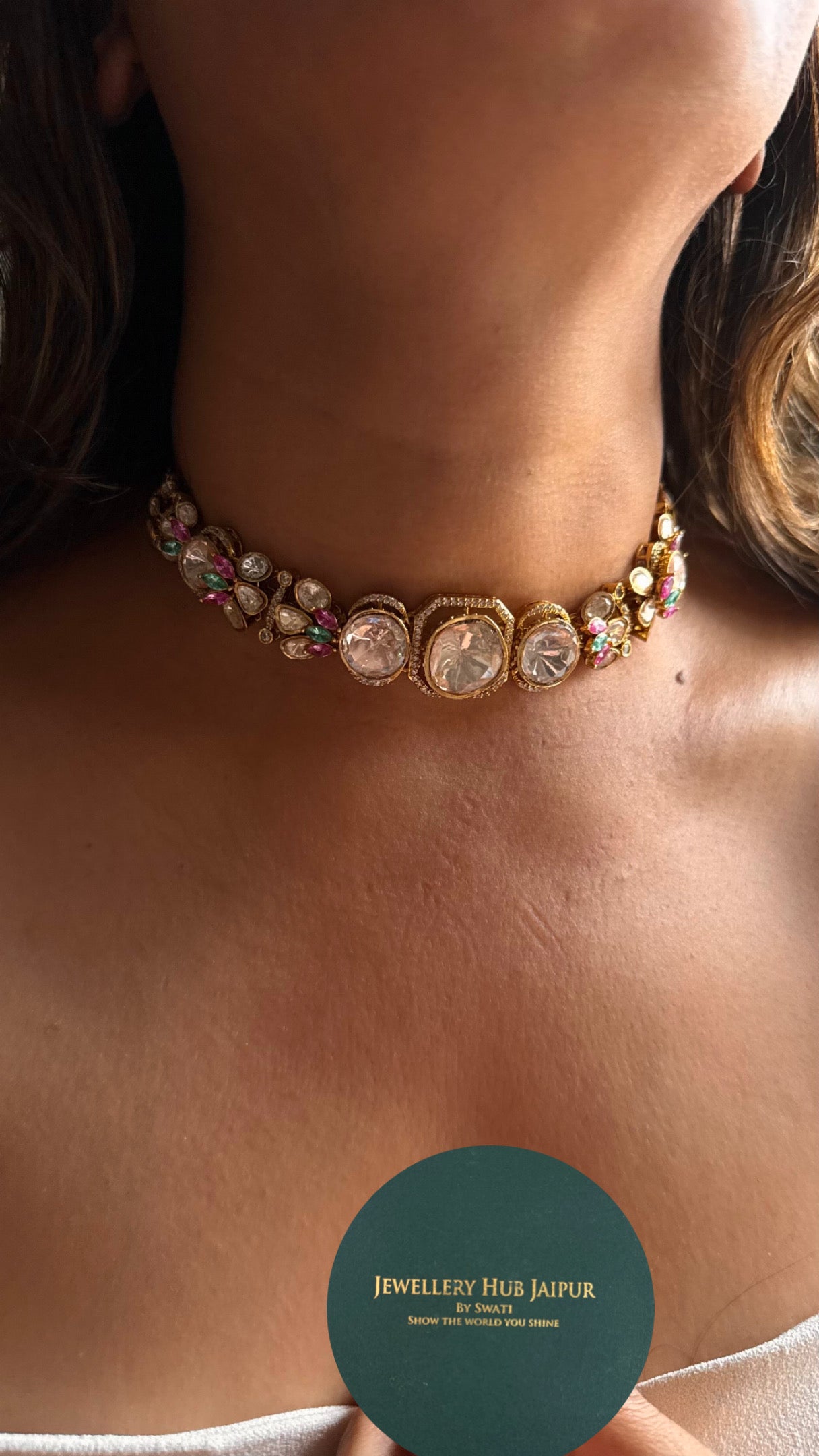 Real Moissanite peeli polki mint pink necklace