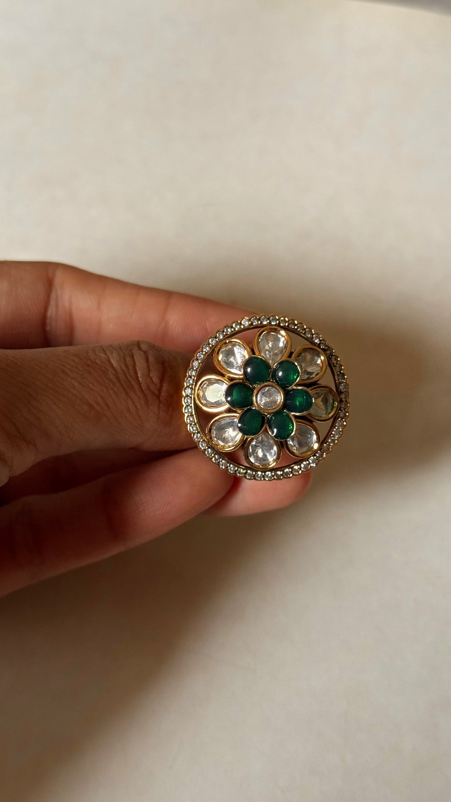 Emerald & moissanite floral adjustable ring