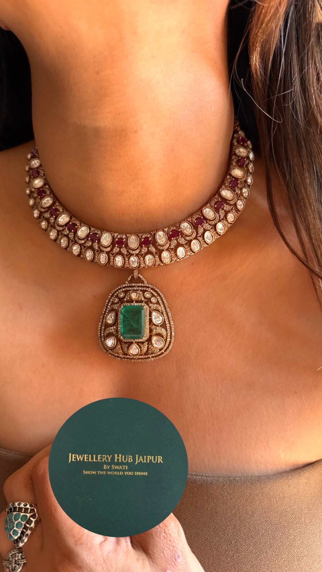 Emerald with Rani pink ruby Collar Necklace