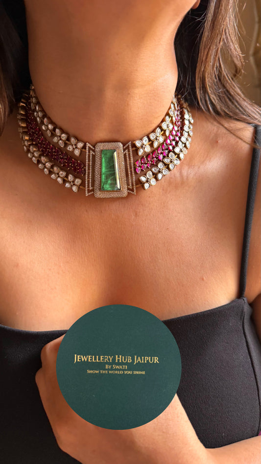 Mint doublet & rani pink takkar work designer Necklace