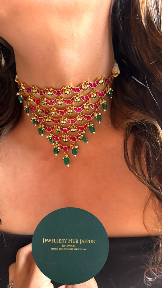 Designer half moon shape with emerald drops choker Necklace