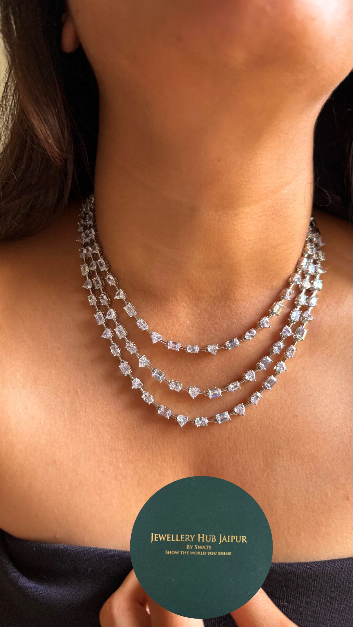 Uncut cz diamonds triple line Necklace