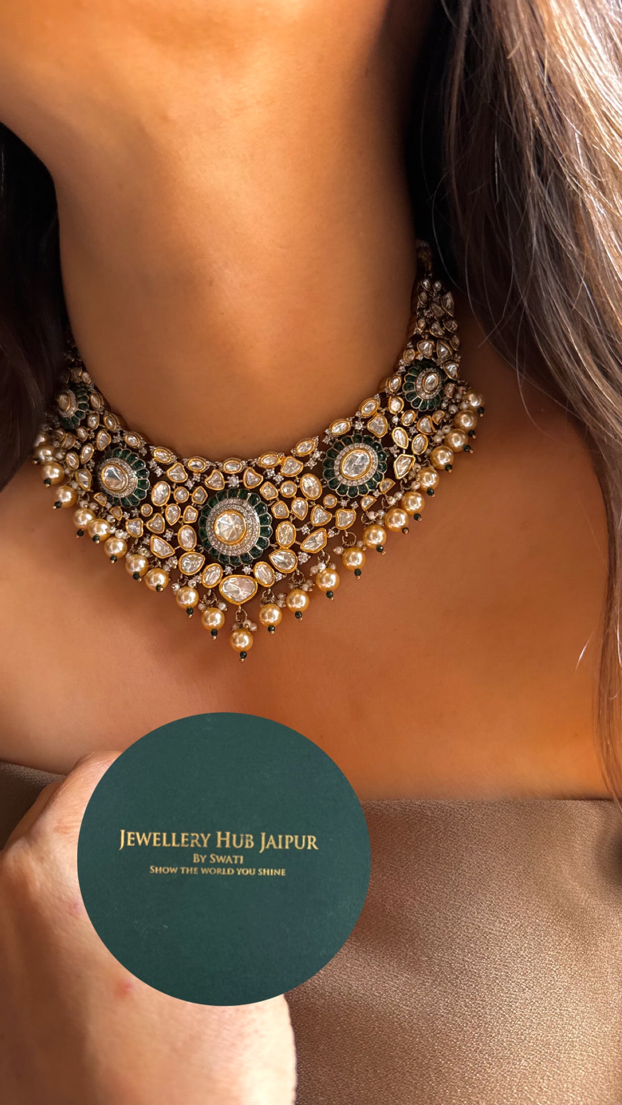 Emerald uncut polki with drops designer Necklace