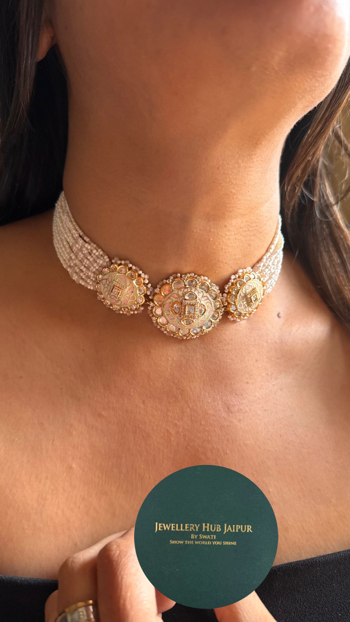 Rose quartz & mint meenakari heritage choker