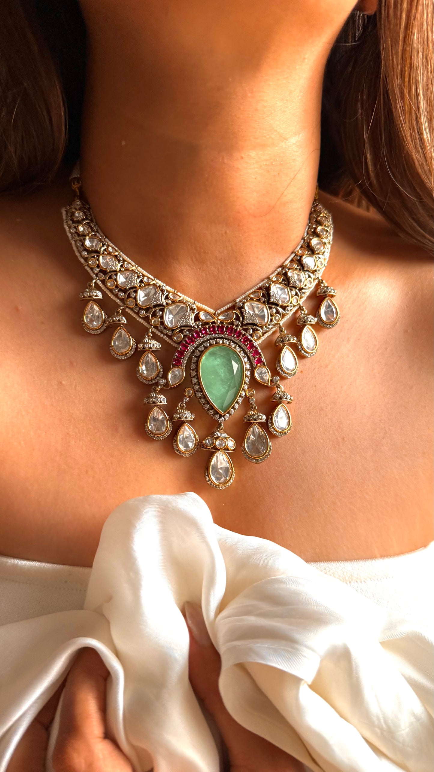Vaishnavi Mint doublet & rani pink Moissanite set