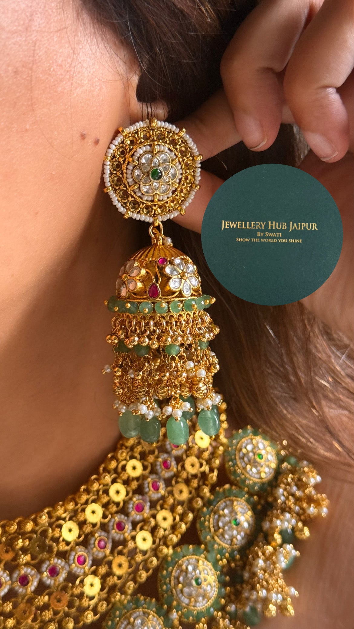 Handmade Heritage Polki Rani pink & mint with jhumka & mint drop heritage rajwada bridal set