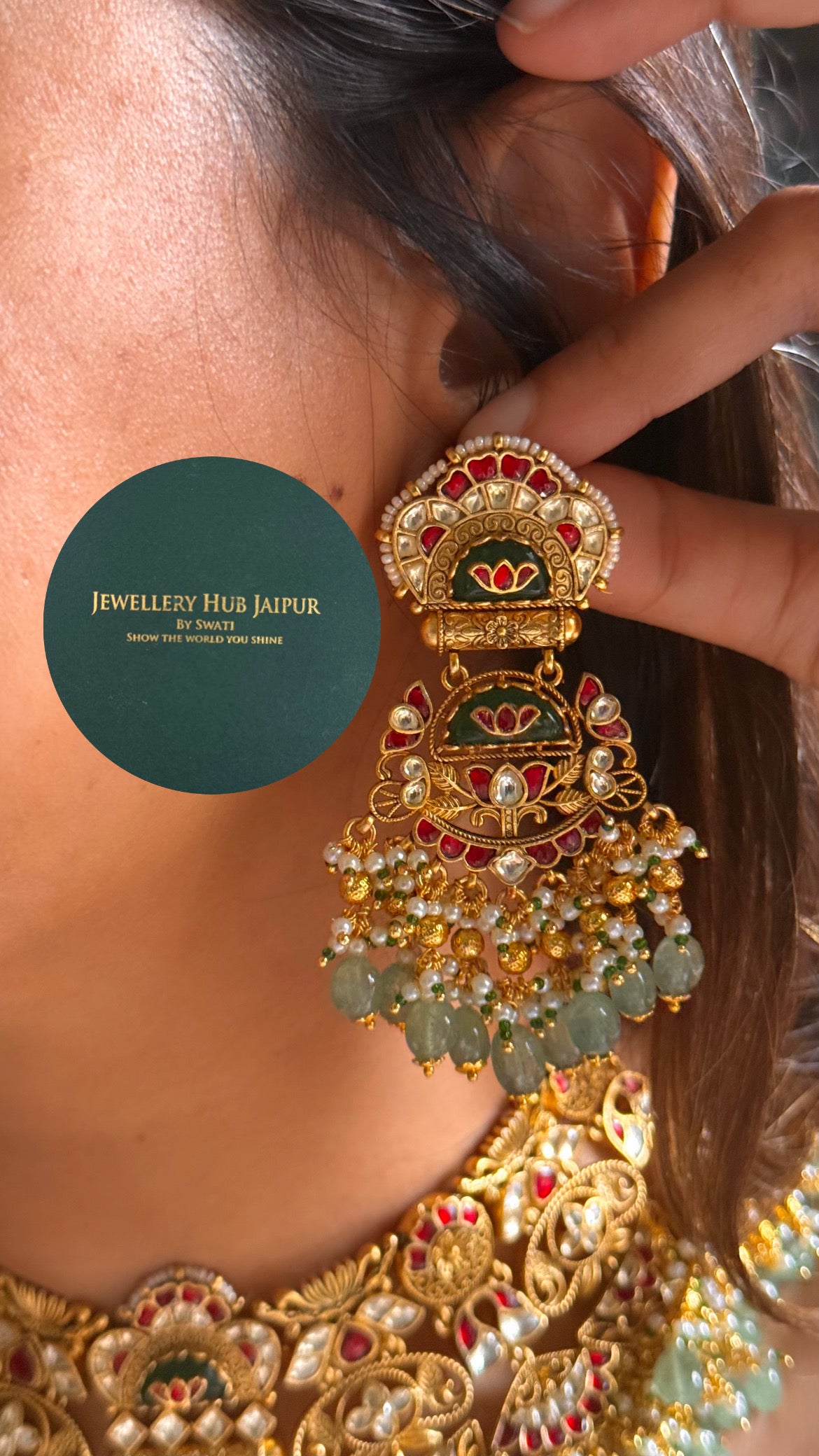 Handmade Heritage Polki Emerald inlay work & rani pink heritage rajwada bridal set