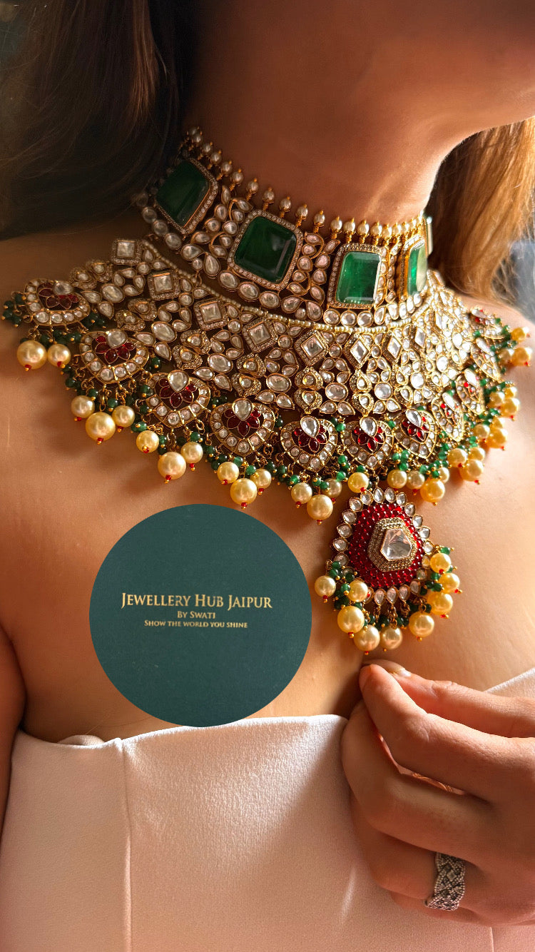 Emerald doublet & ruby moissanite bridal set
