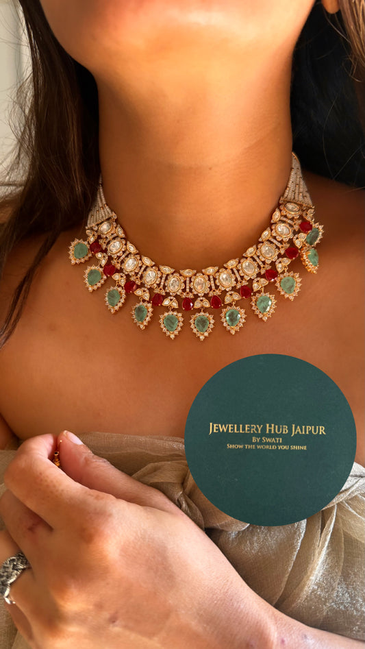 mint and rani pink gold polki necklace