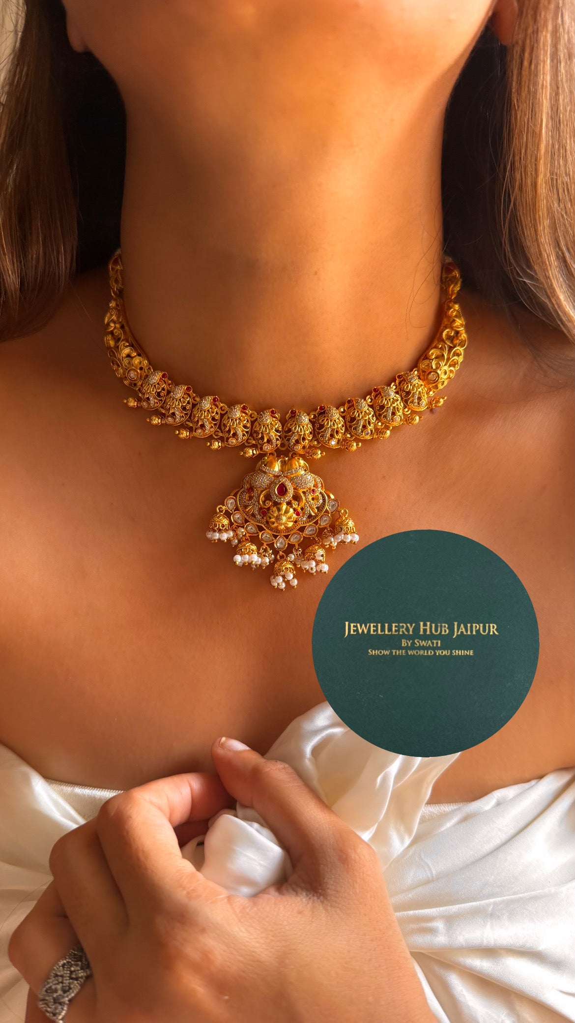 Ruby designer with minimal jhumka with pearl drop temple set
