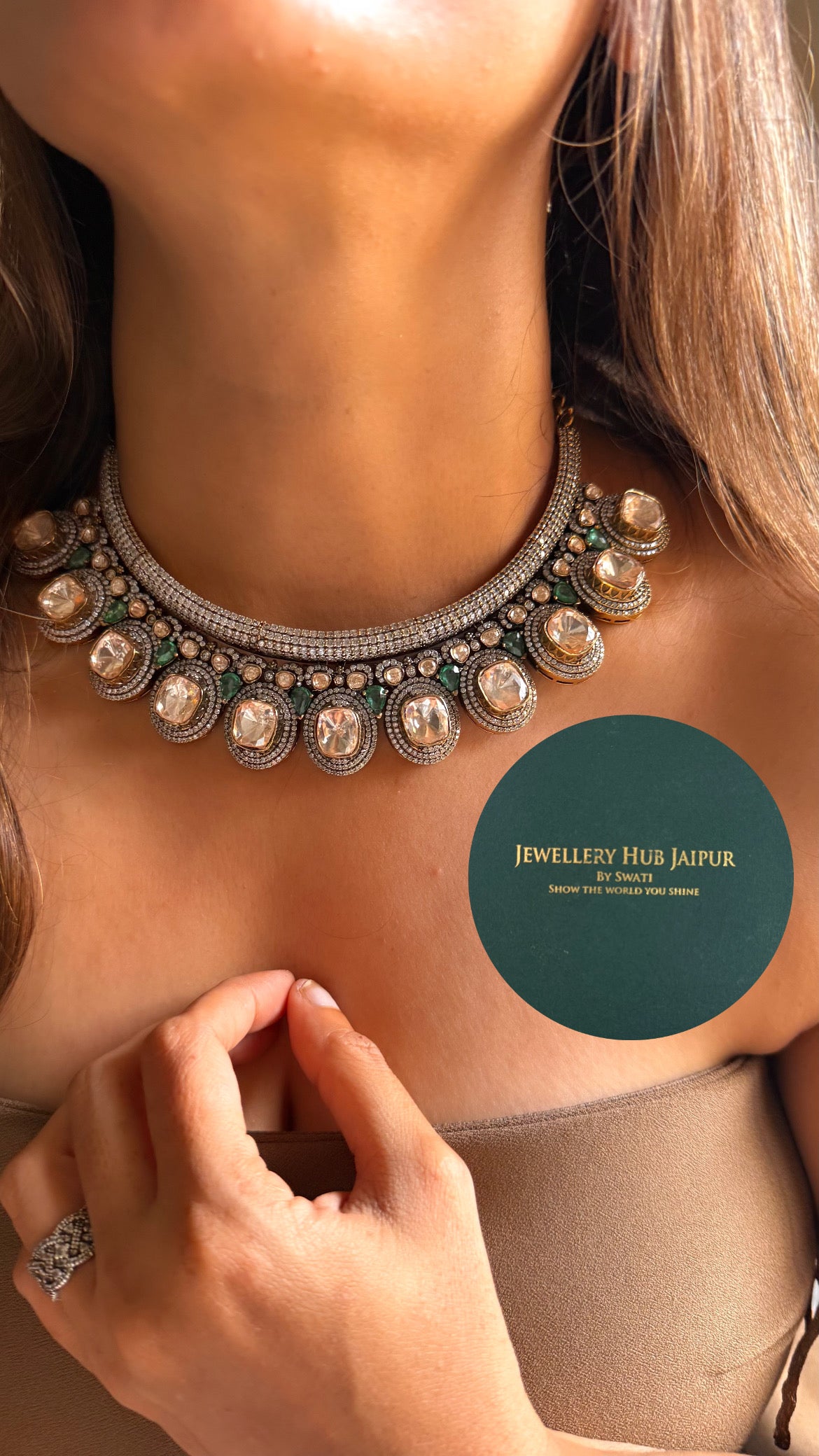 Real uncut moissanite polki  & mint Swarovski designer collar set