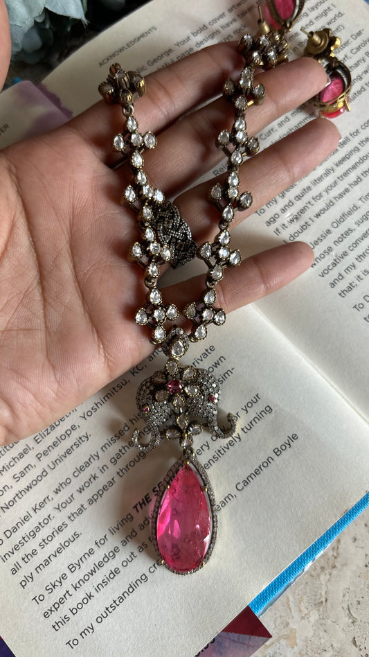 Hot pink Moissanite collar necklace with earrings