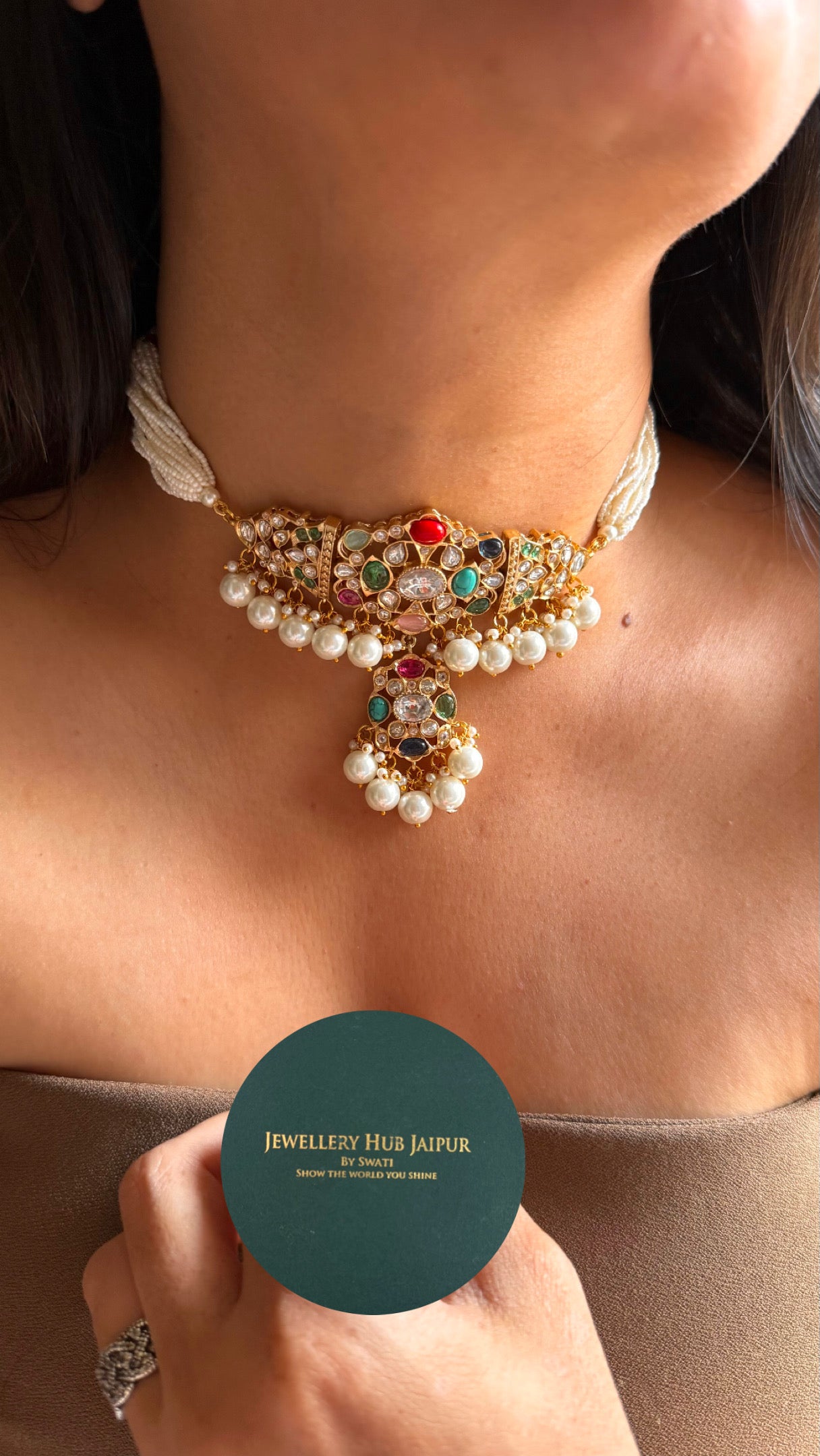 Paachi Kundan multicoloured with pearl detailing choker necklace