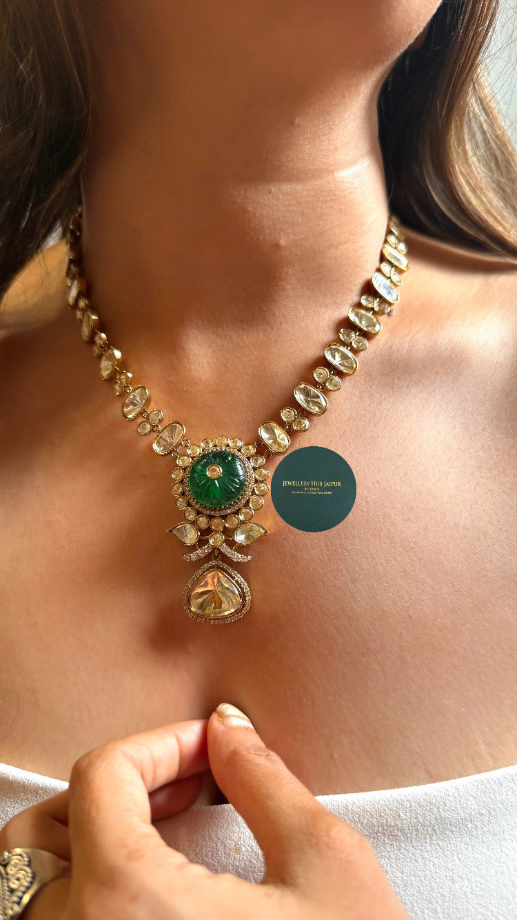 Emerald doublet inlay moissanite polki set