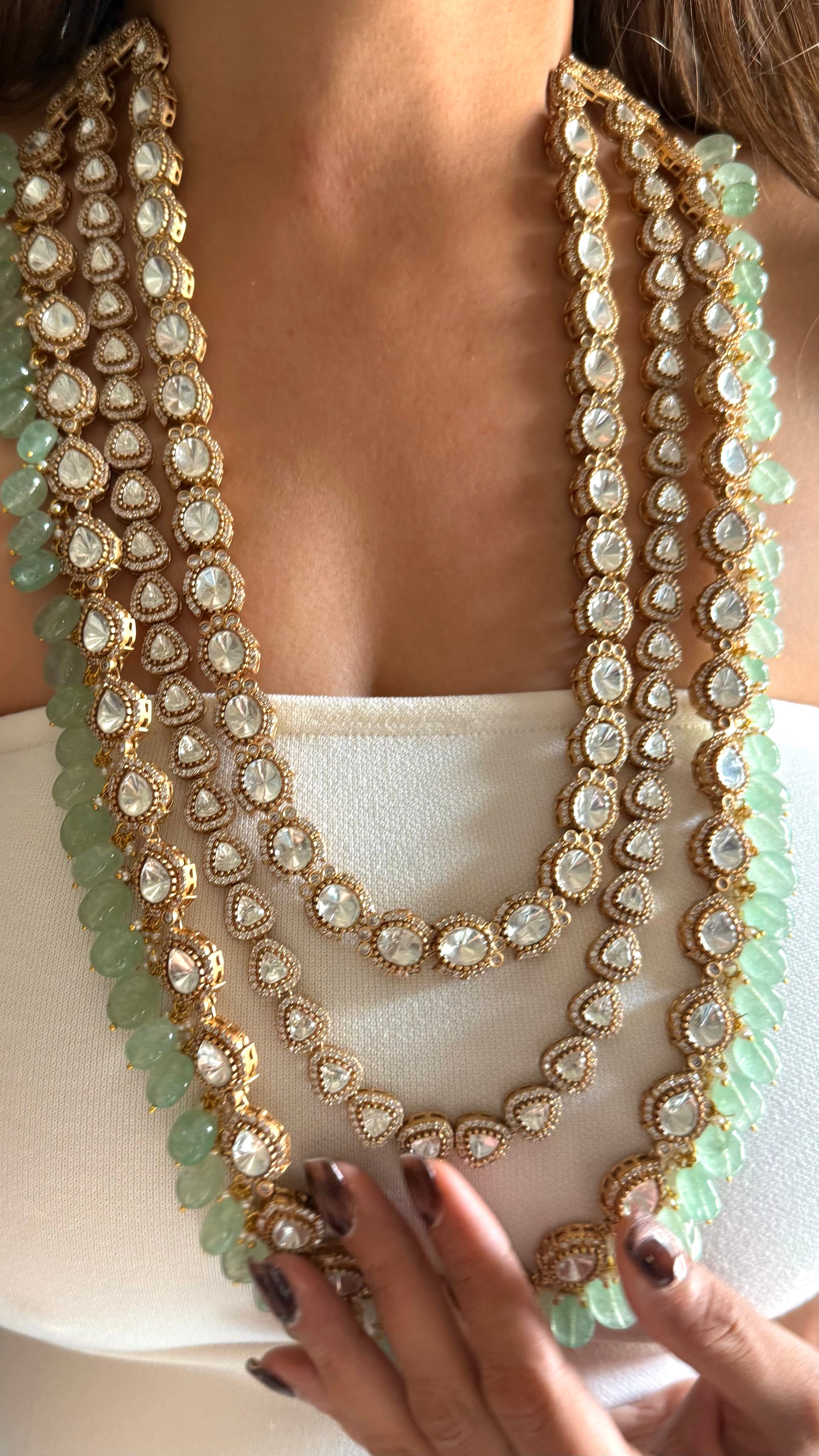 Triple layered moissanite polki & mint rani haar