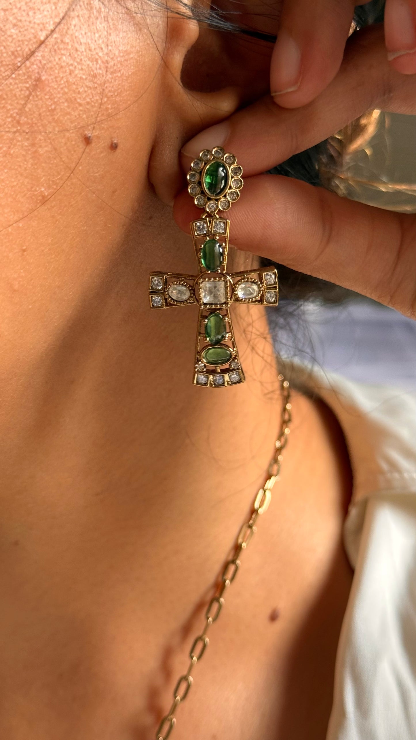 Sabyasachi inspired Green Gemstone and Pavé Byzantine Cross Necklace Set