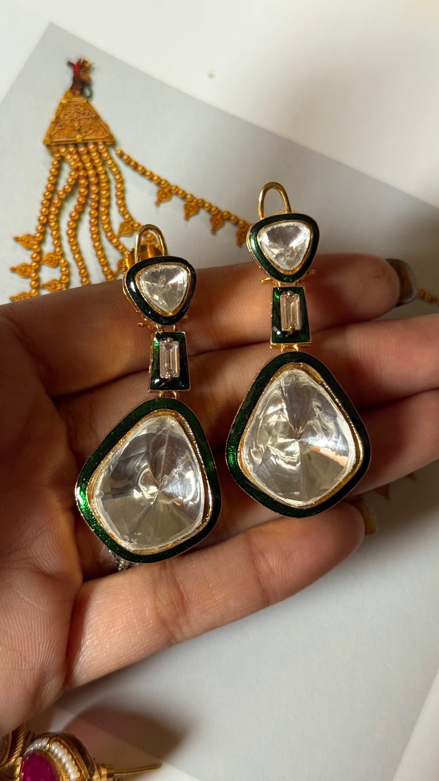 Emerald meenakari uncut polki earrings