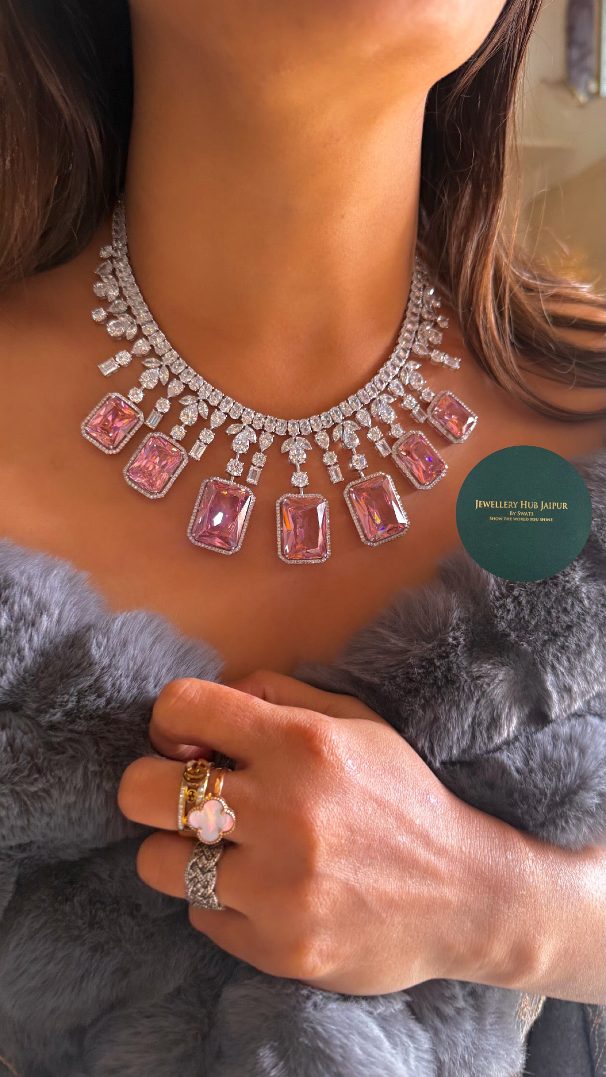 Rose Quartz cz diamond designer necklace