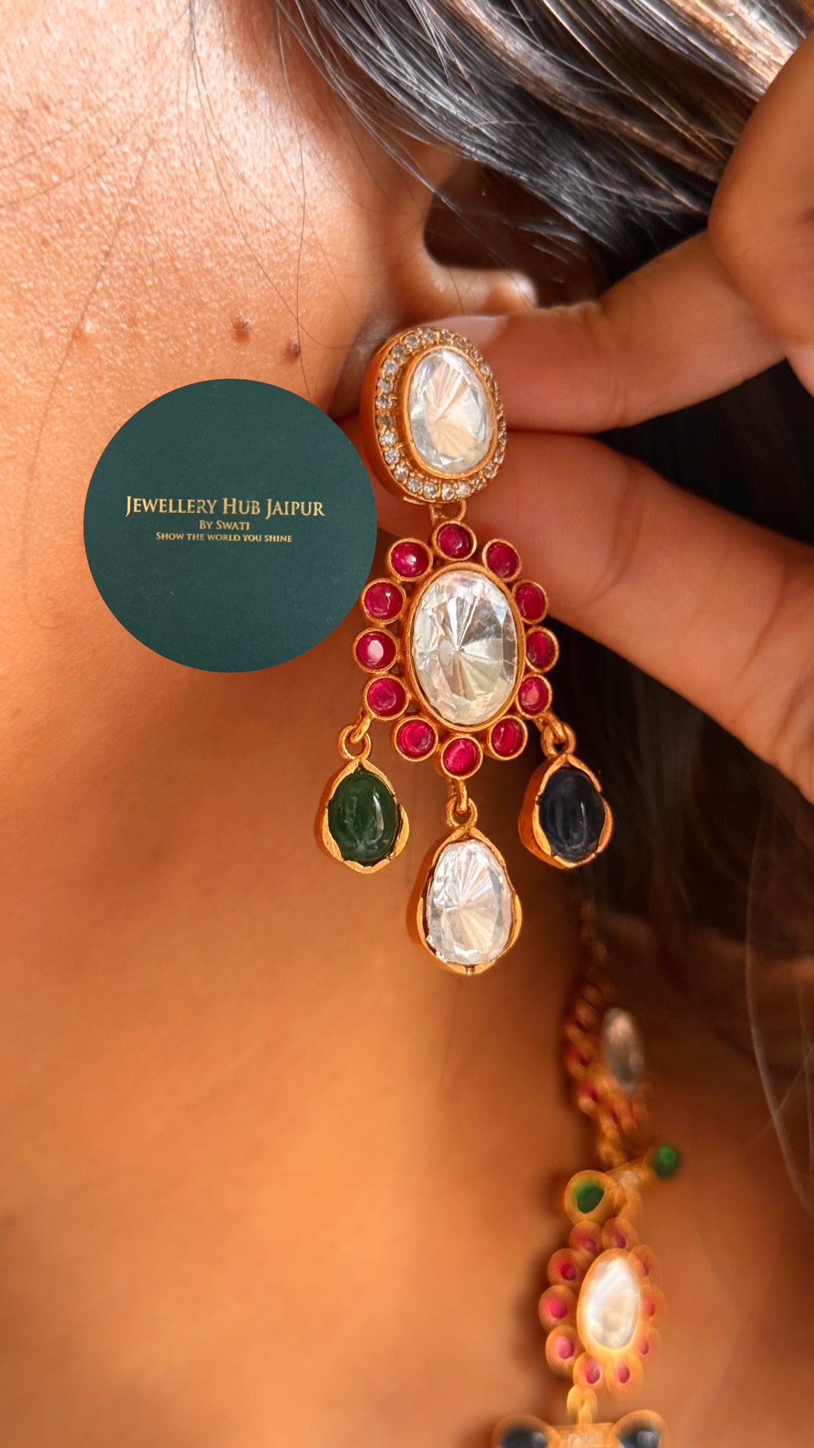 Amrapali inspired Natural stone Emerald & rani pink floral collar set