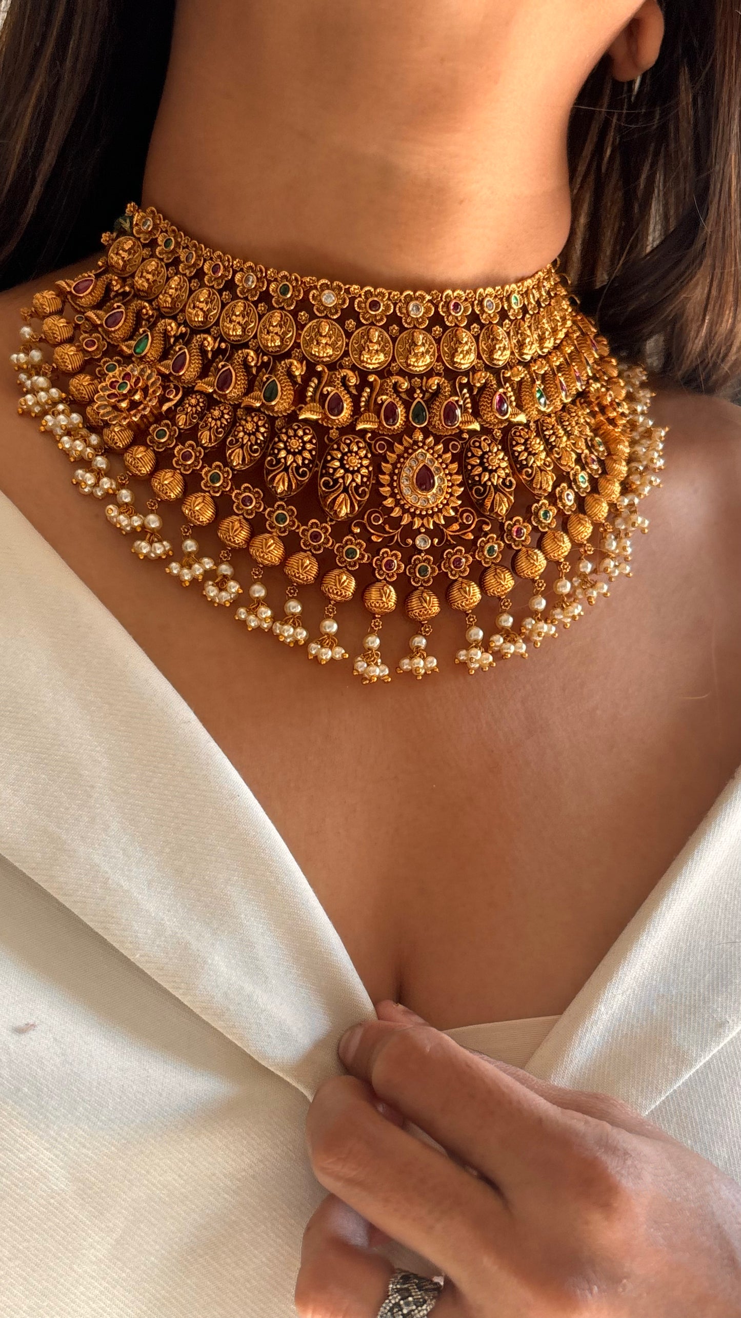 Rajwada nakashi emerald & ruby oxidised gold necklace