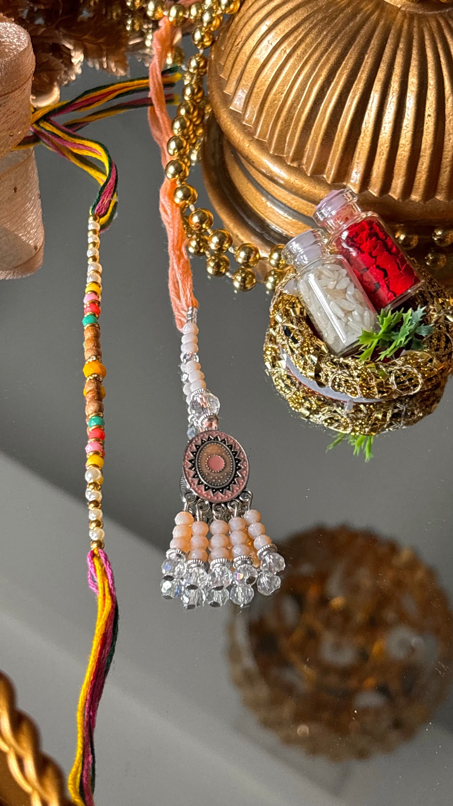 Bhaiya bhabhi lumba peach nakashi oxidised rakhi ( shipping will be extra )