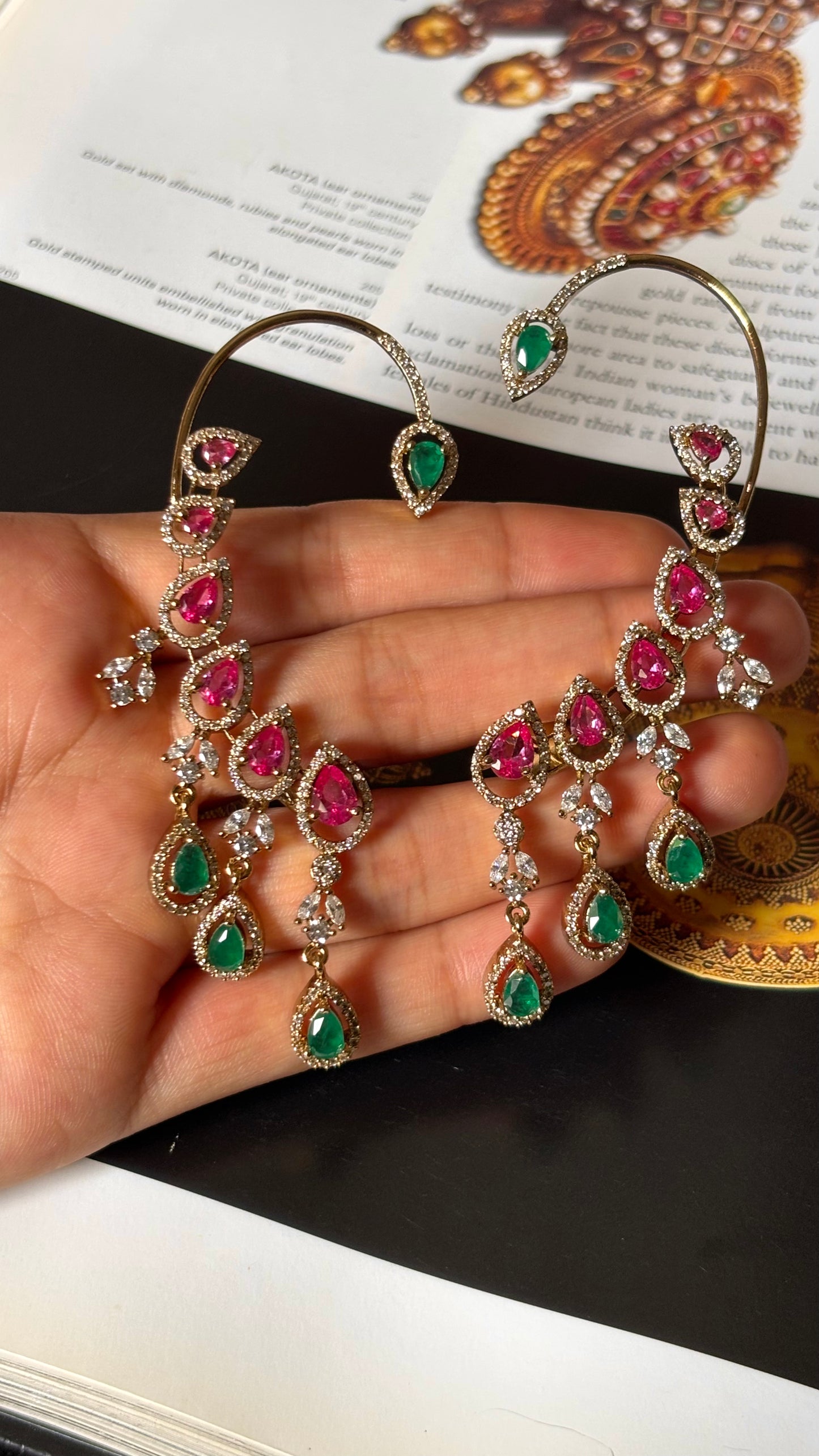 Rani pink & emerald doublets with cz diamond earcuff earrings