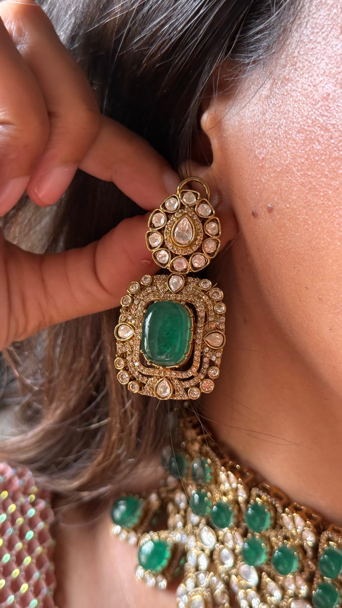 Emerald doublet moissanite polki choker set