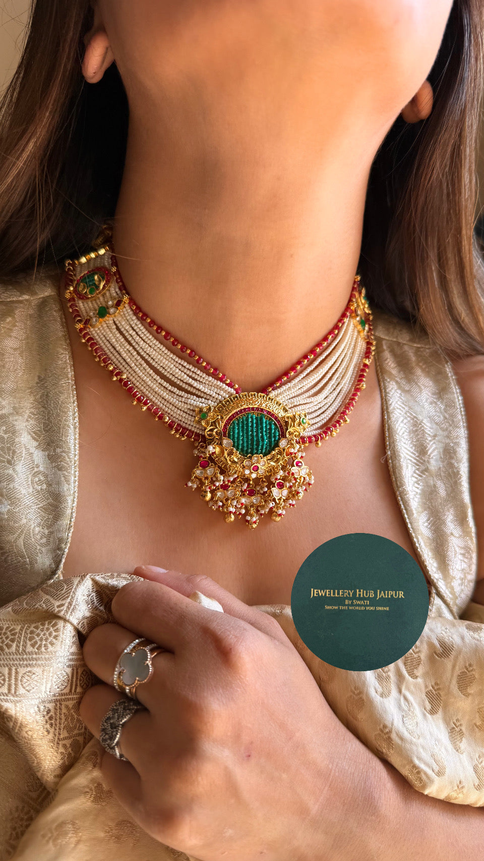 Real Moissanite Ruby & emerald pearl heritage necklace