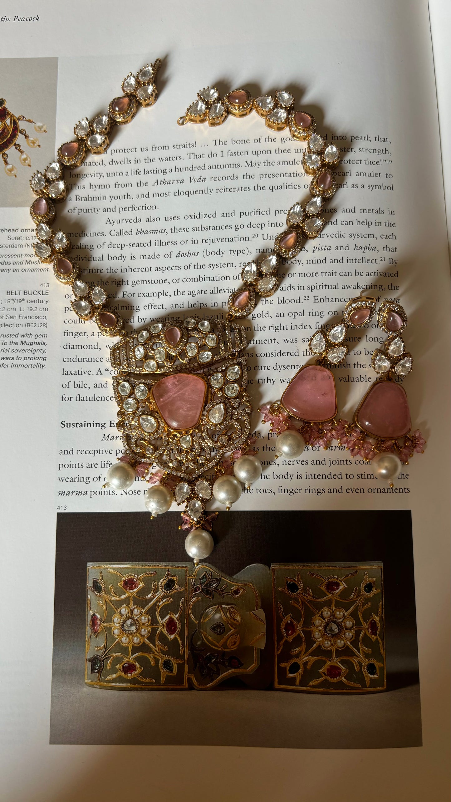 Neiza Rose quartz heritage moissanite collar necklace with earrings