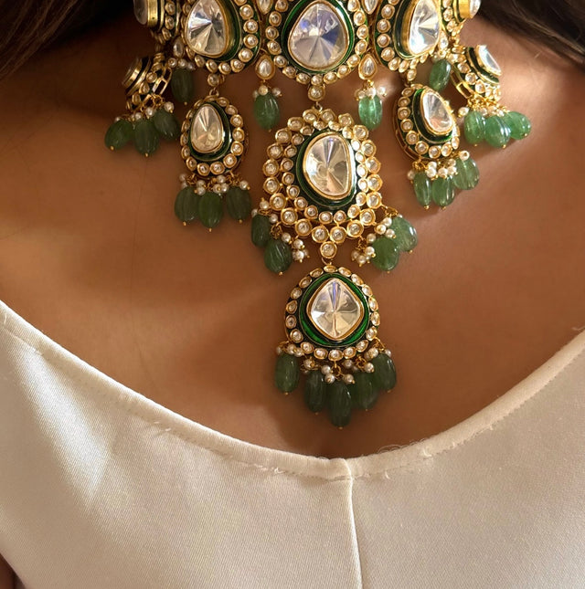 Emerald real polki triple layer necklace