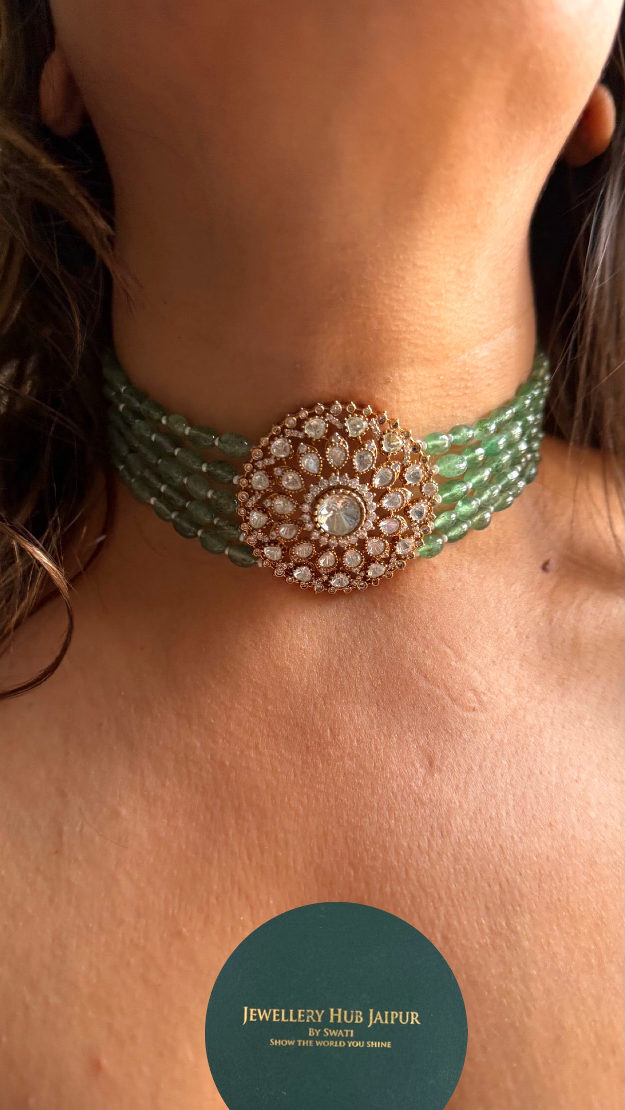 Mint  pearl detailing with Moissanite polki choker Necklace