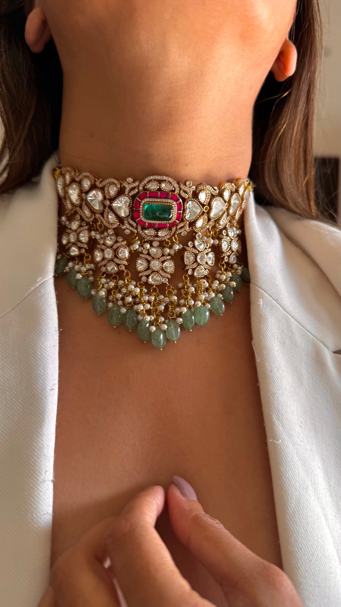 Tahira Emerald and ruby moissanite choker