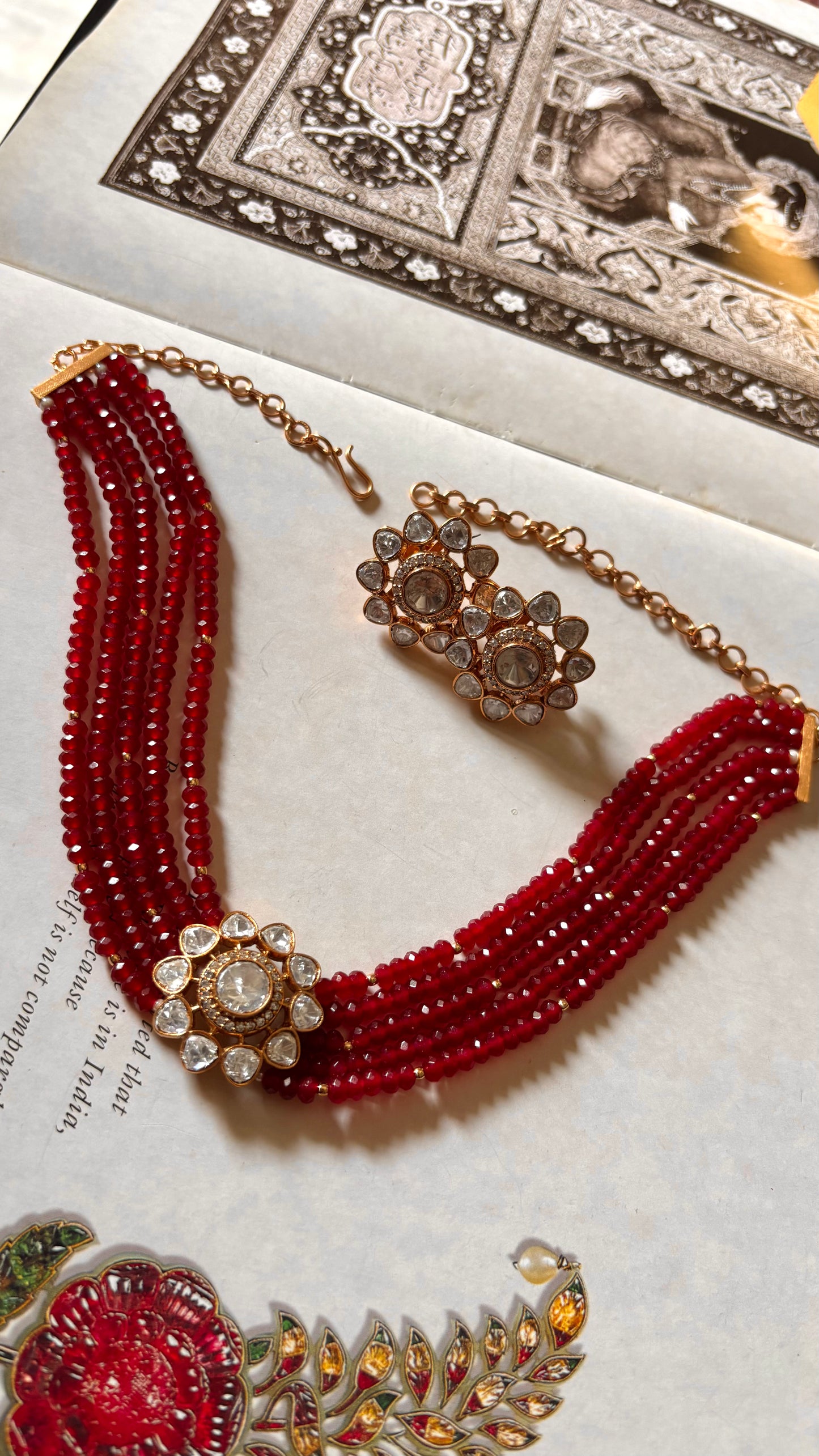 Real Moissanite floral polki rani pink ruby pearl detailing choker necklace