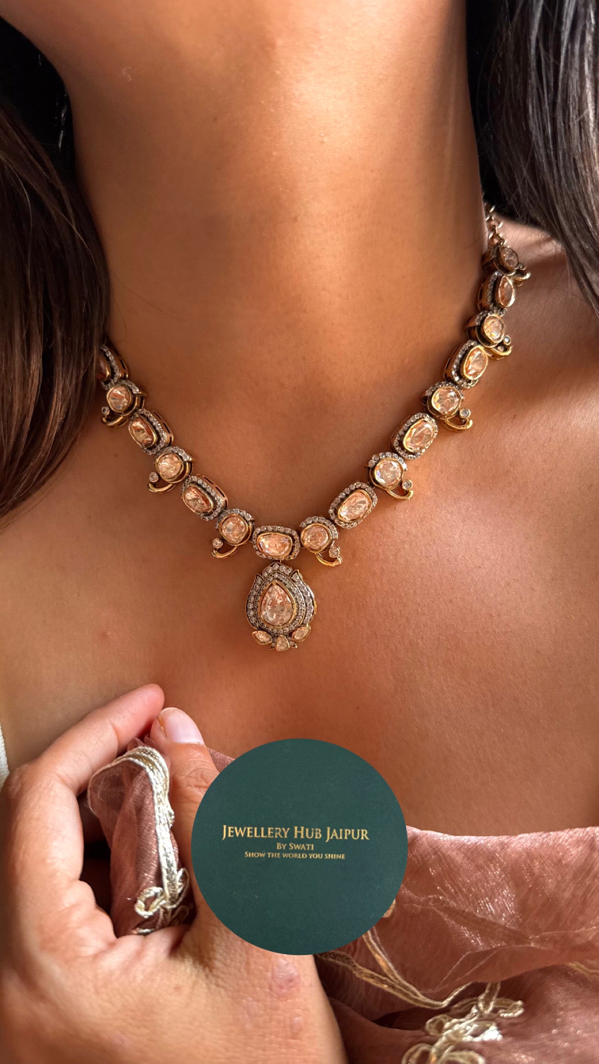 Uncut polki with pendant minimalist necklace