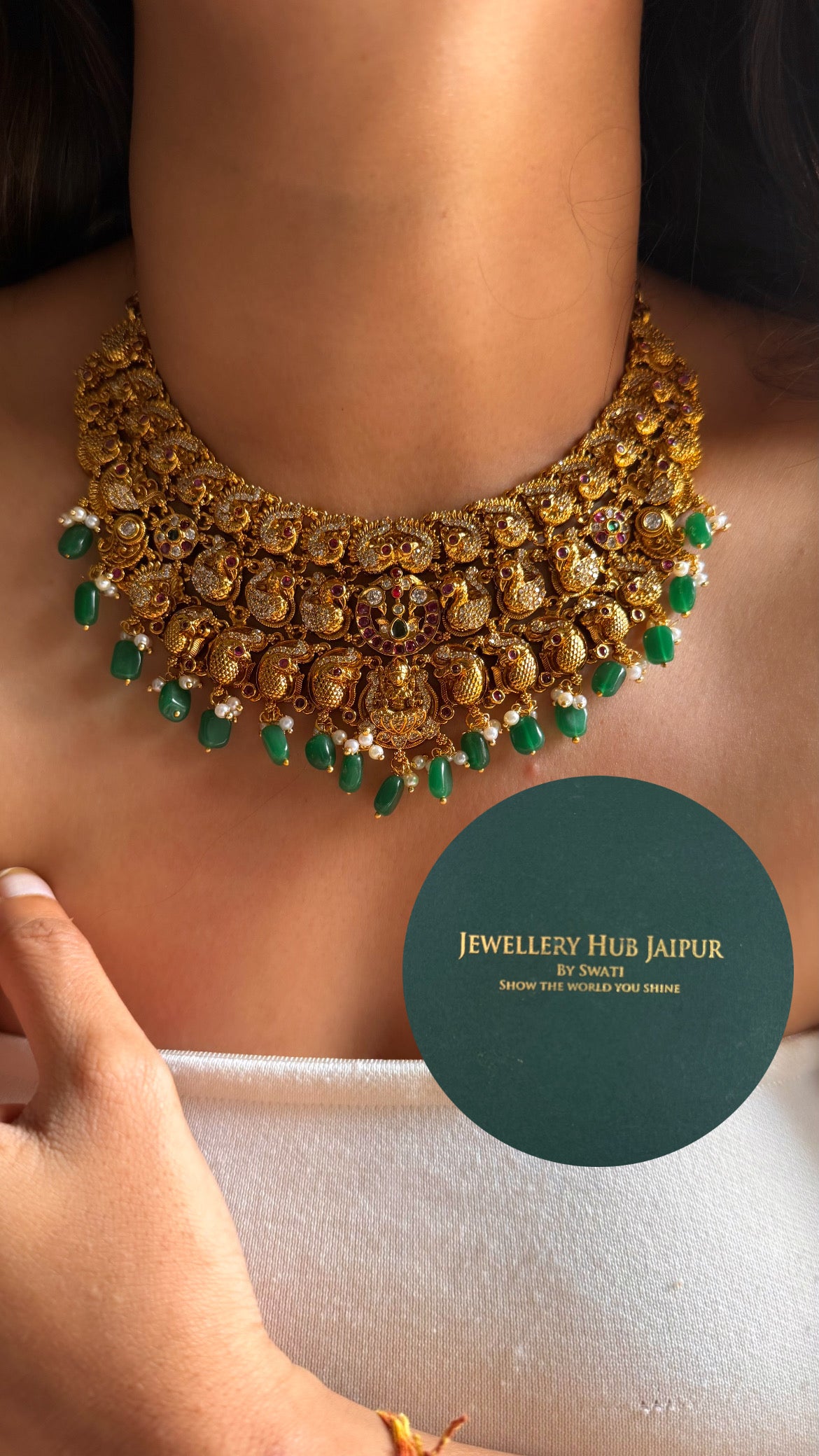 Goddess laxmi & rani pink with emerald drop temple collar set