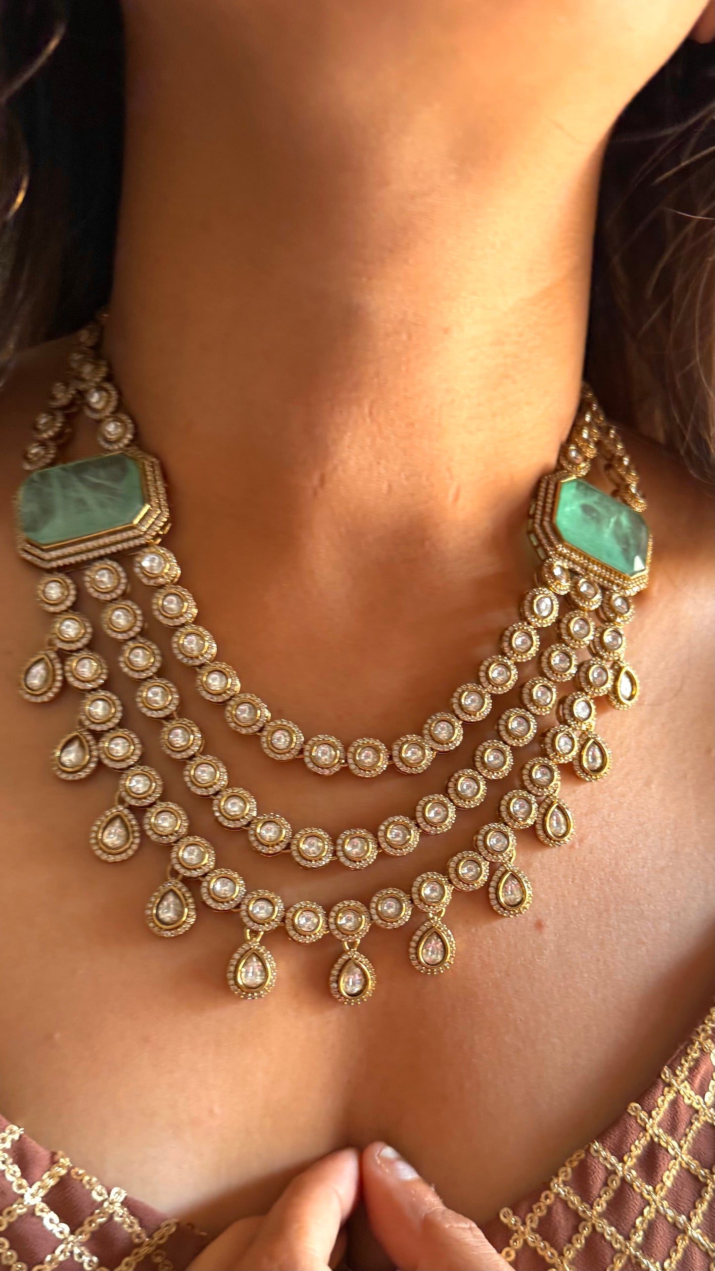 Chitra Mint doublet moissanite triple layer collar necklace