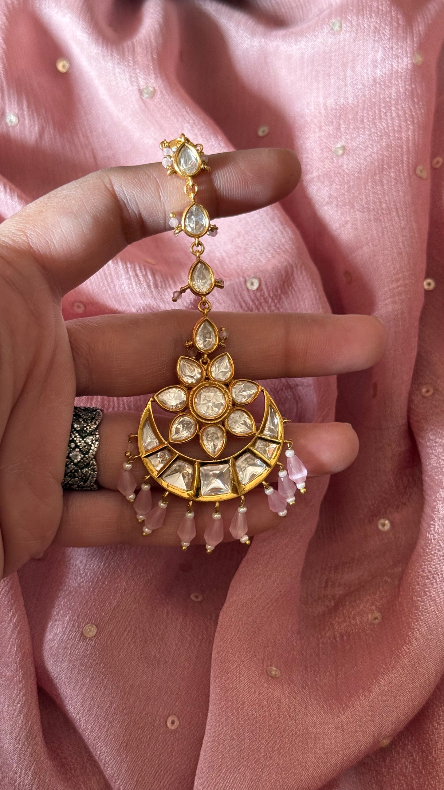 Rose quartz chandbali maangtika