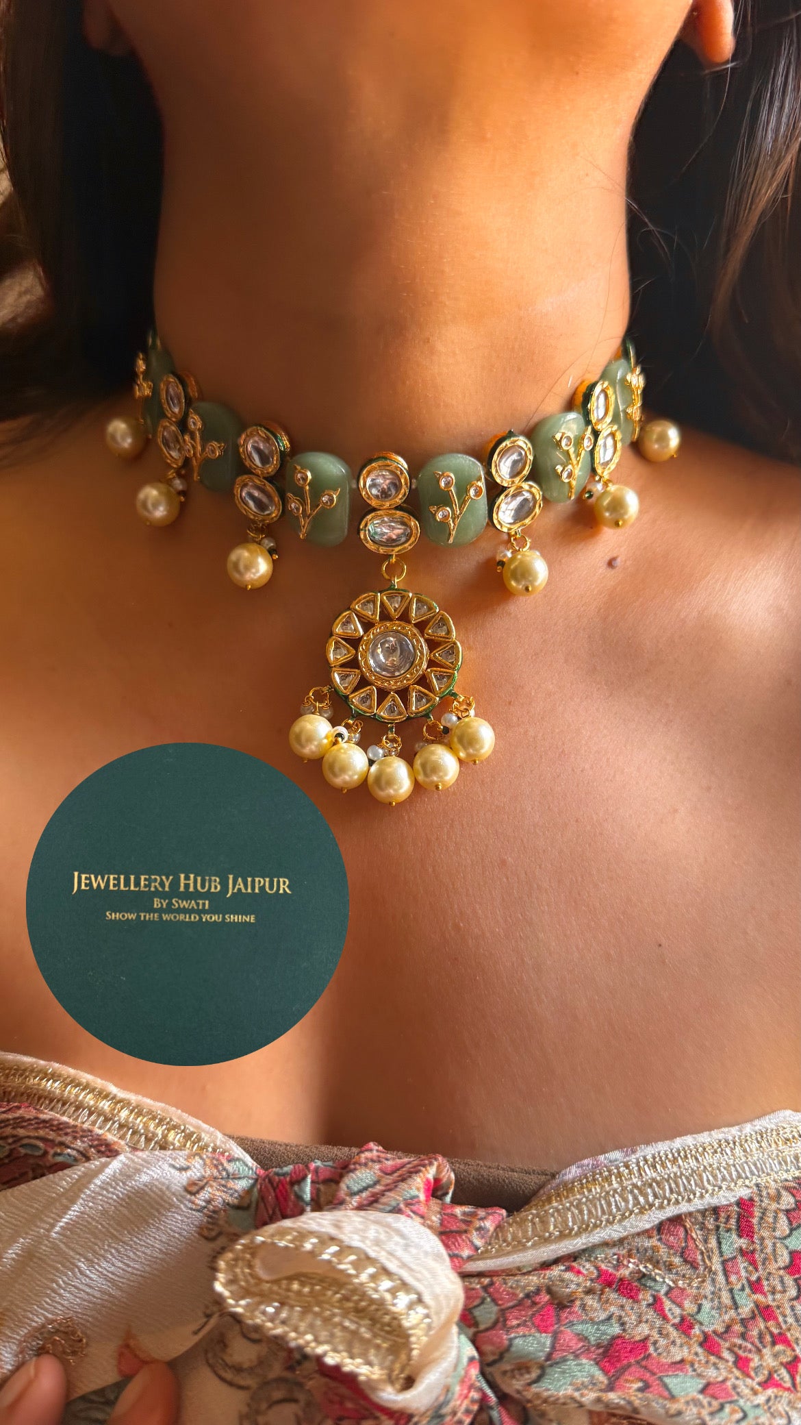 Mint inlay work & emerald meenakari paachi with pearl drop choker set