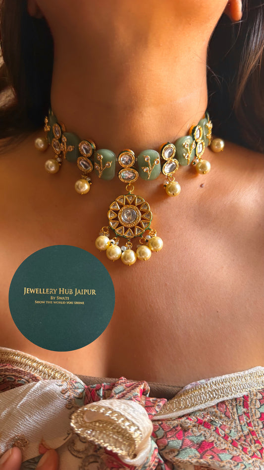 Mint inlay work & emerald meenakari paachi with pearl drop choker set