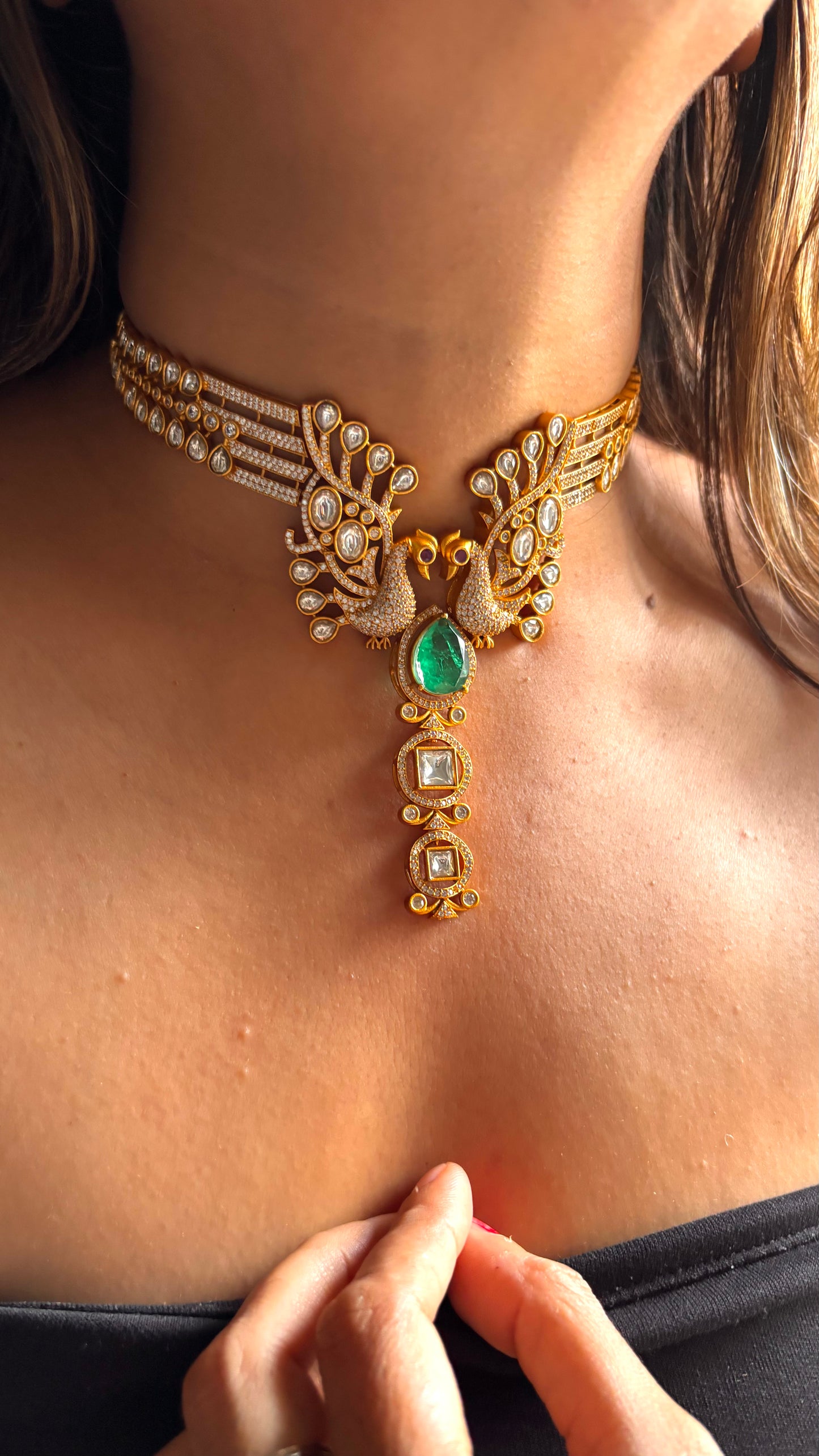 Peacock inspired contemporary emerald necklace with ear cuffs
