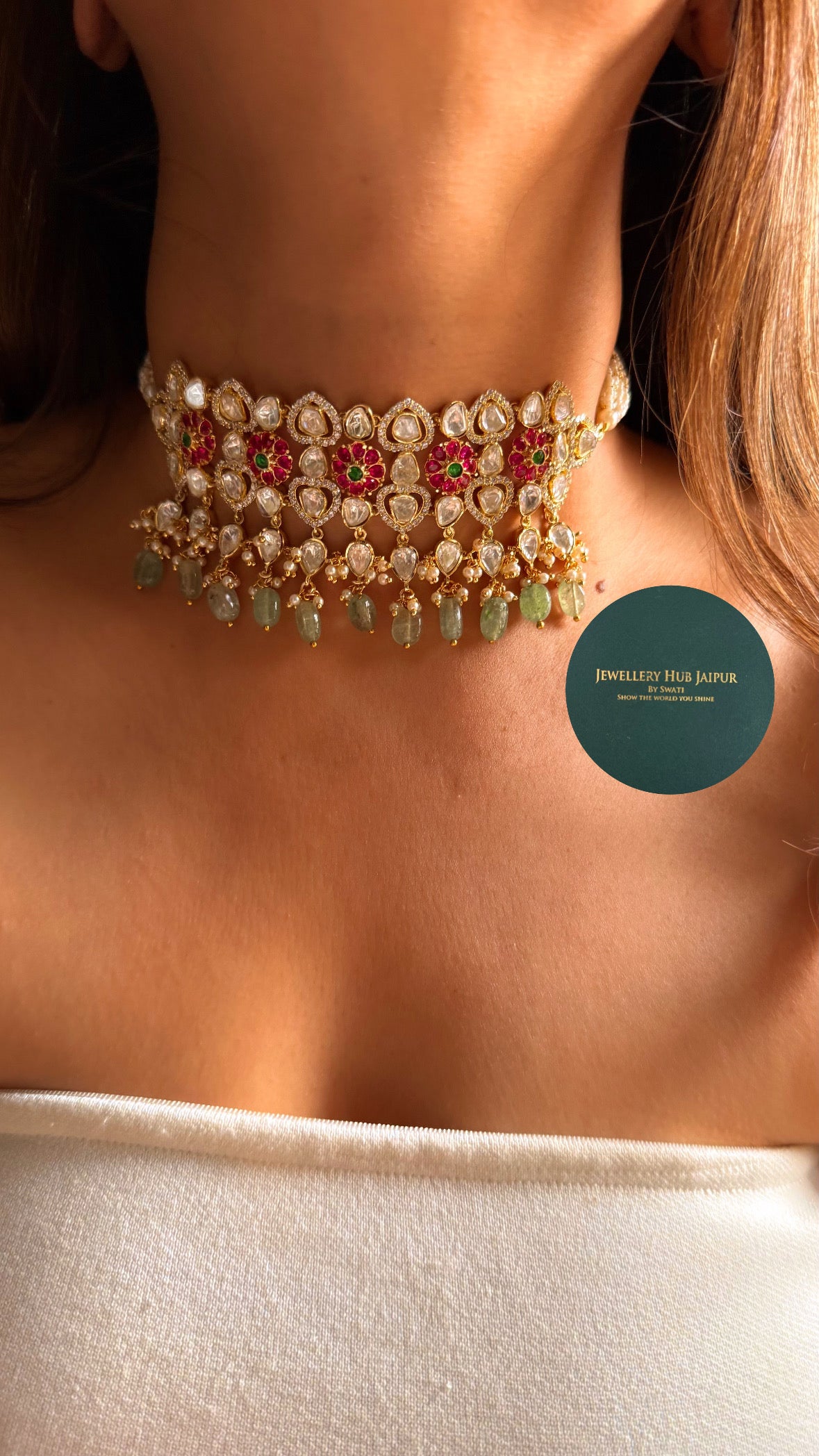 Rani pink & emerald real moissanite with mint drop choker set