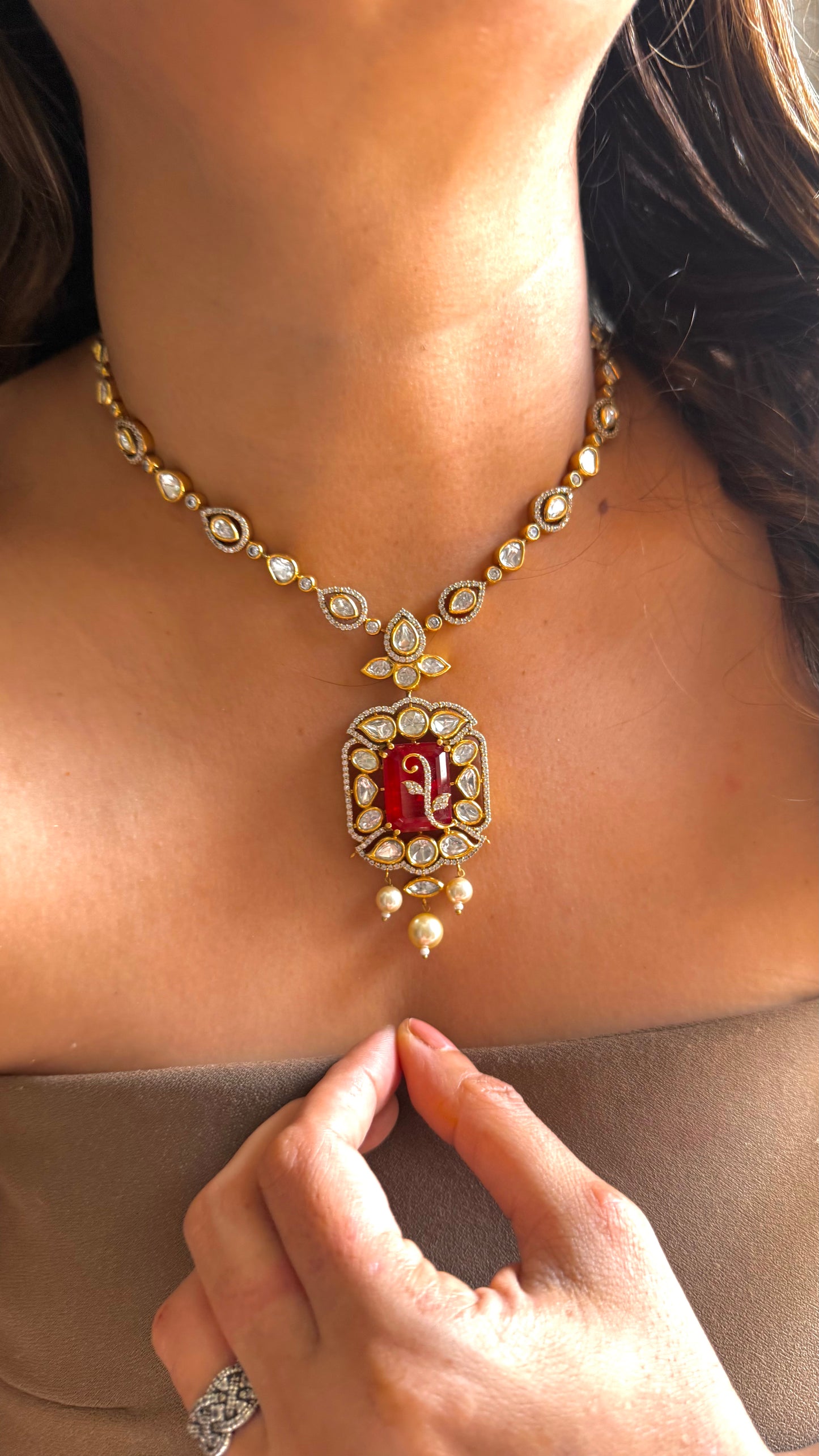 Ruby dual polish Necklace with designer pendant