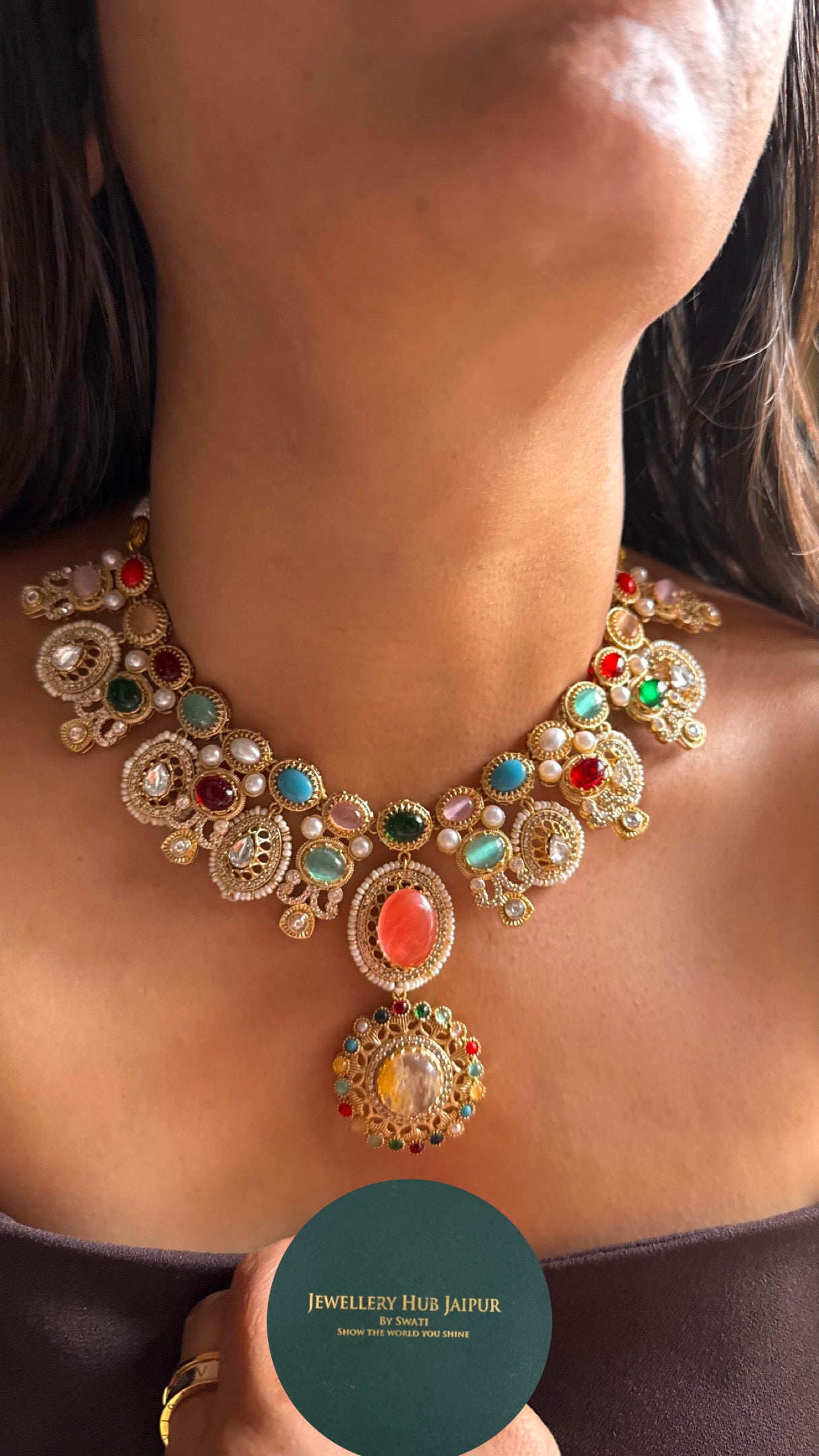 Sabhyasachi inspired navratna peach necklace
