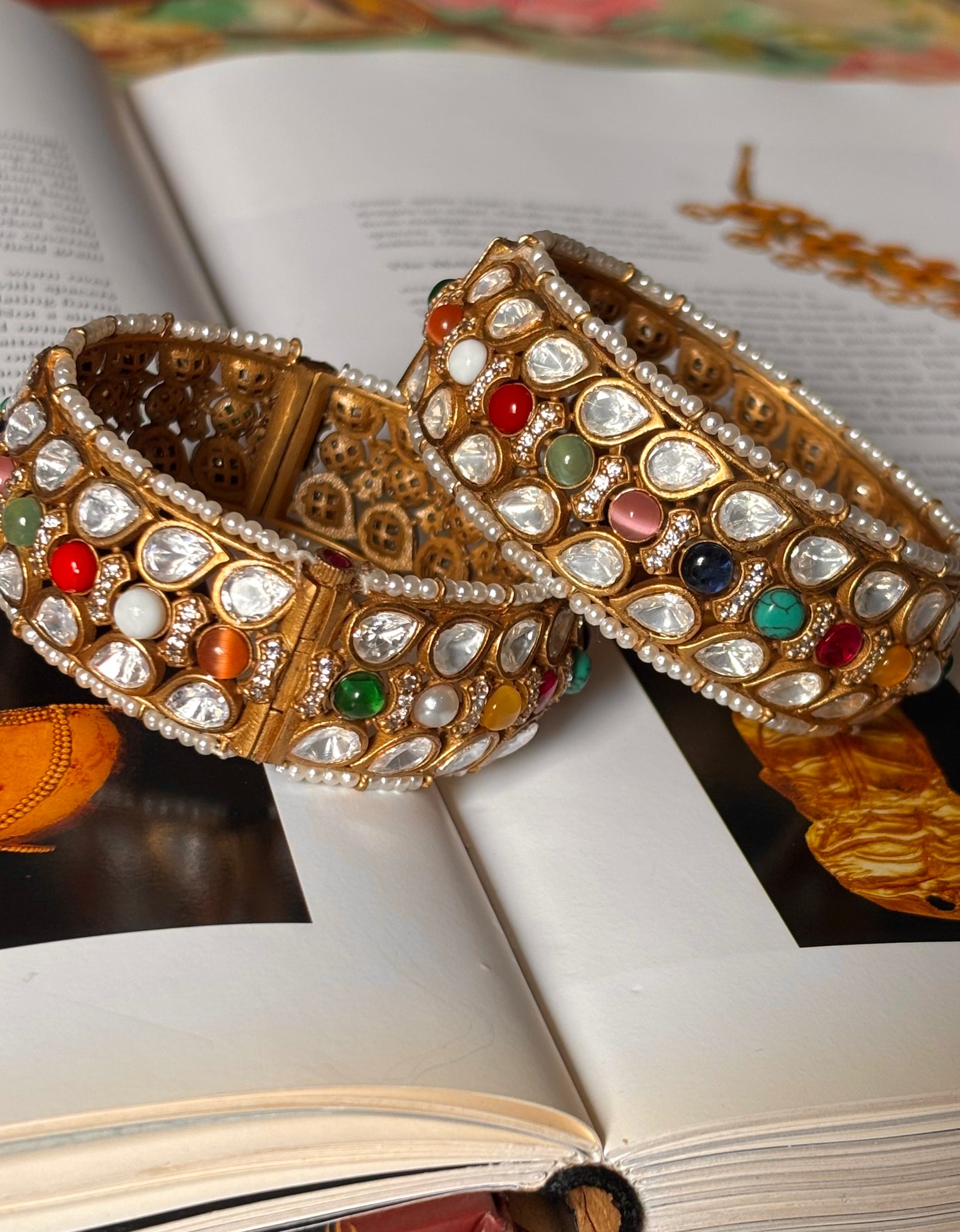 Navratna with pearl detailing openable Bangles